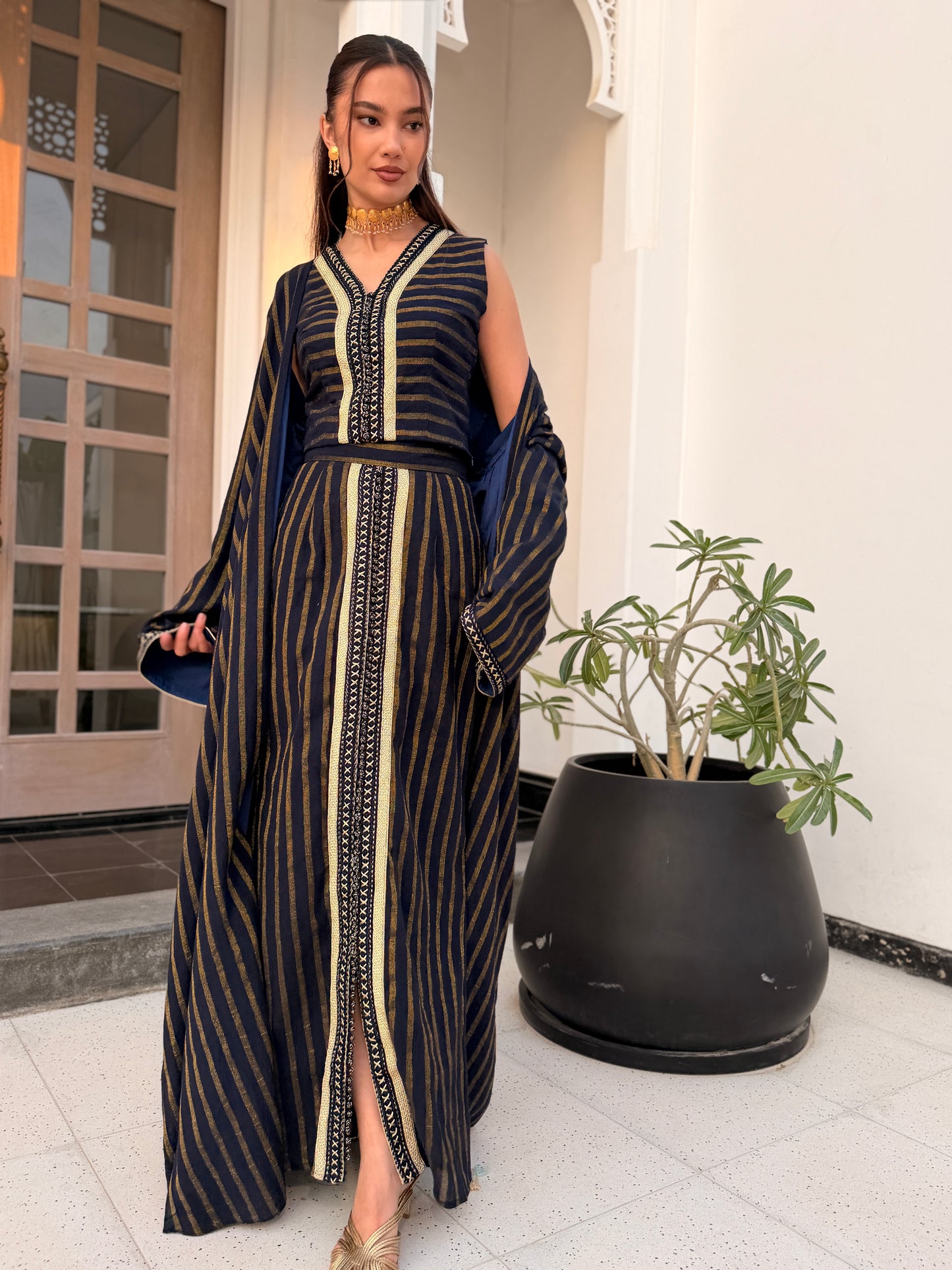 Linen Three-Piece Kaftan Set with Double Sfifa