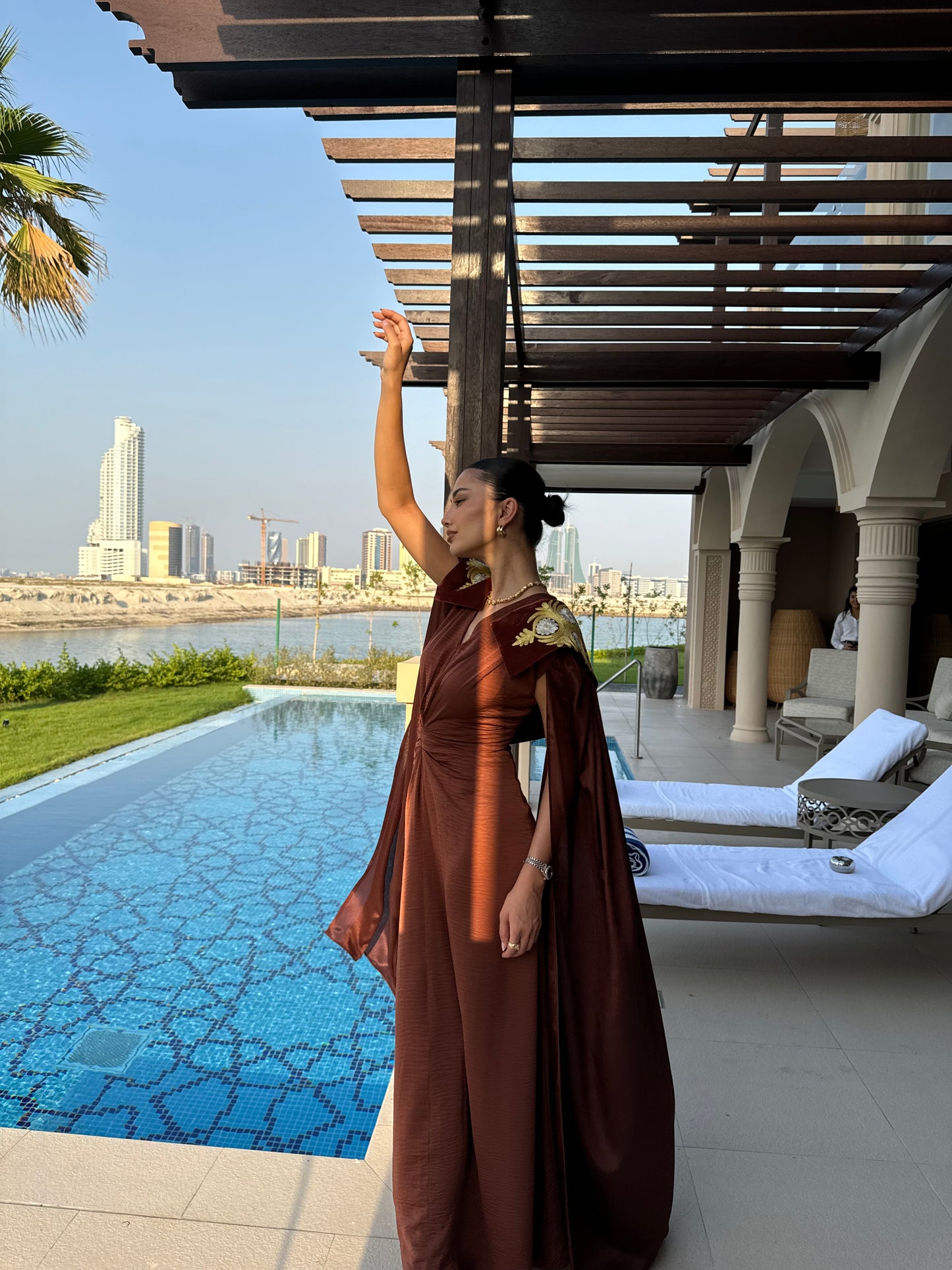 Brown V Neck Draped Jalabiya With Embroidered Cape