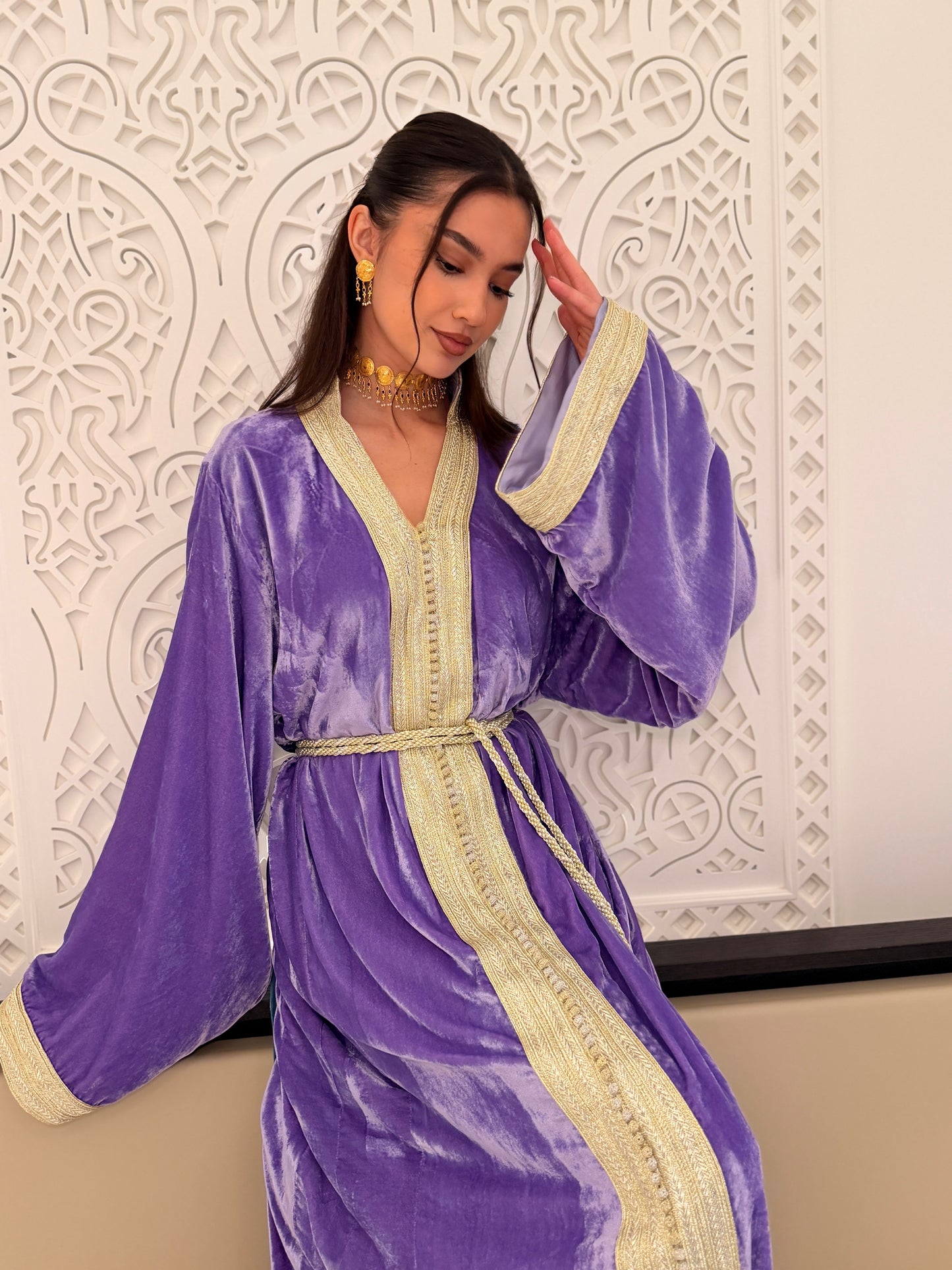 Purple Velvet Kaftan with Double Gold Sfifa