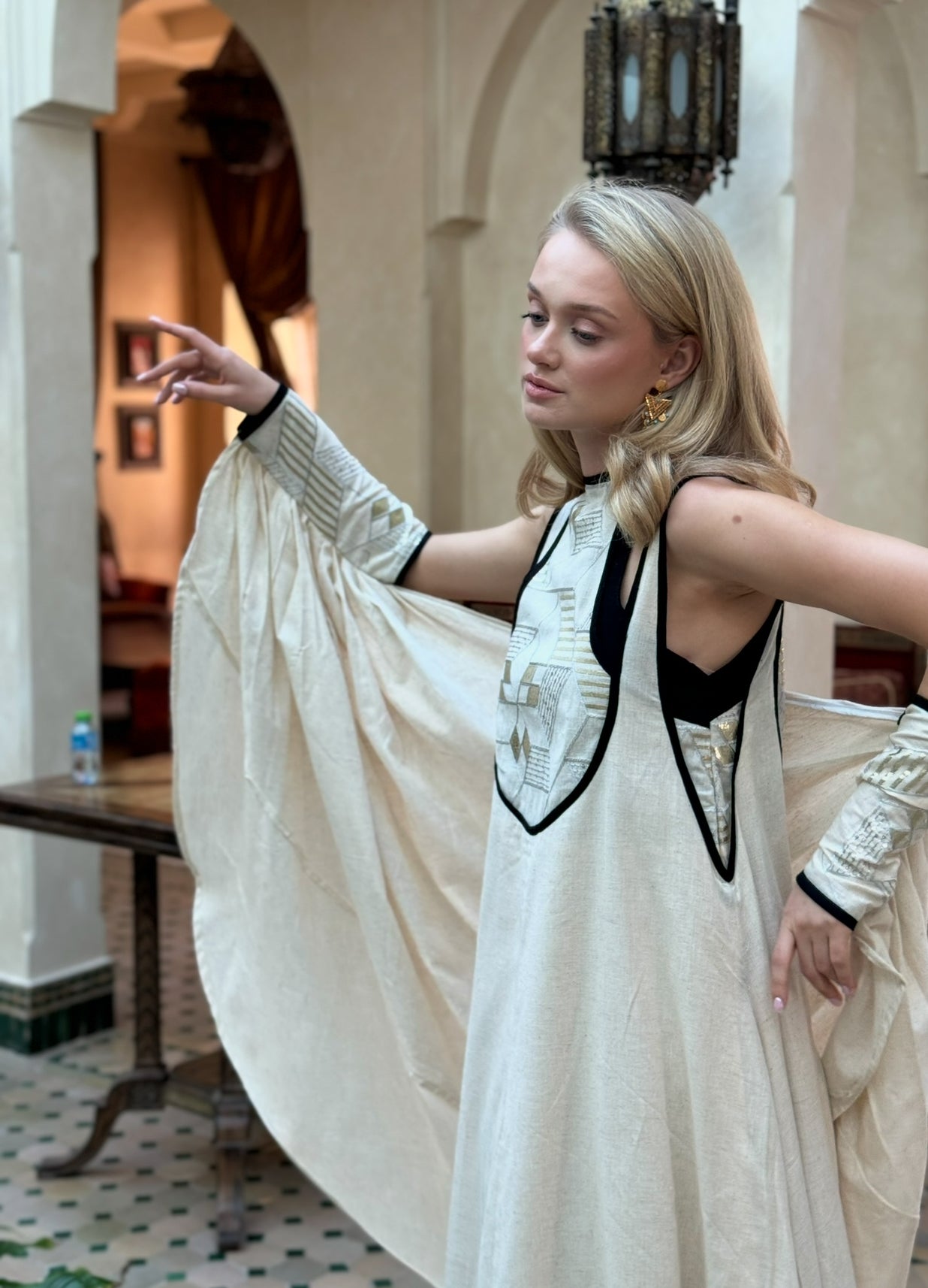 Elegant Oat-Colored Linen Two-Piece Jalabya with Embroidery and Shawl