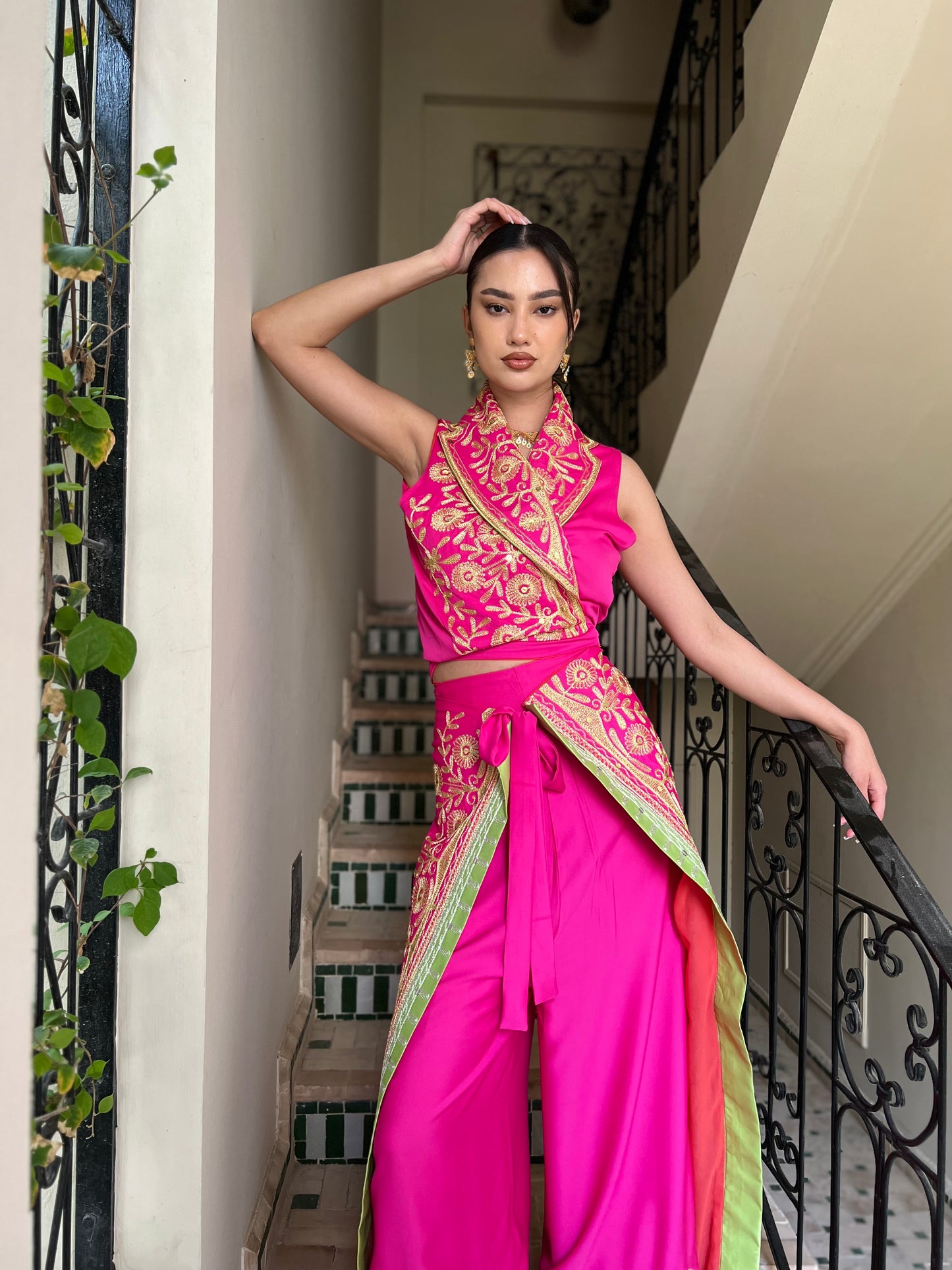 Embroidered Fuchsia Draped Set