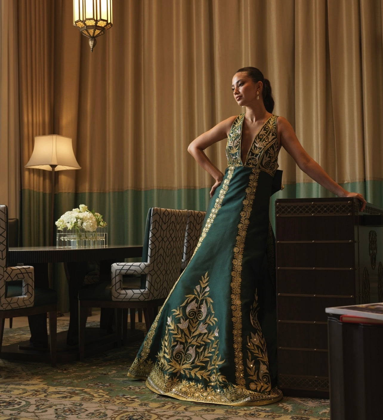 Emerald Elegance: Hand-Embroidered Henna Dress