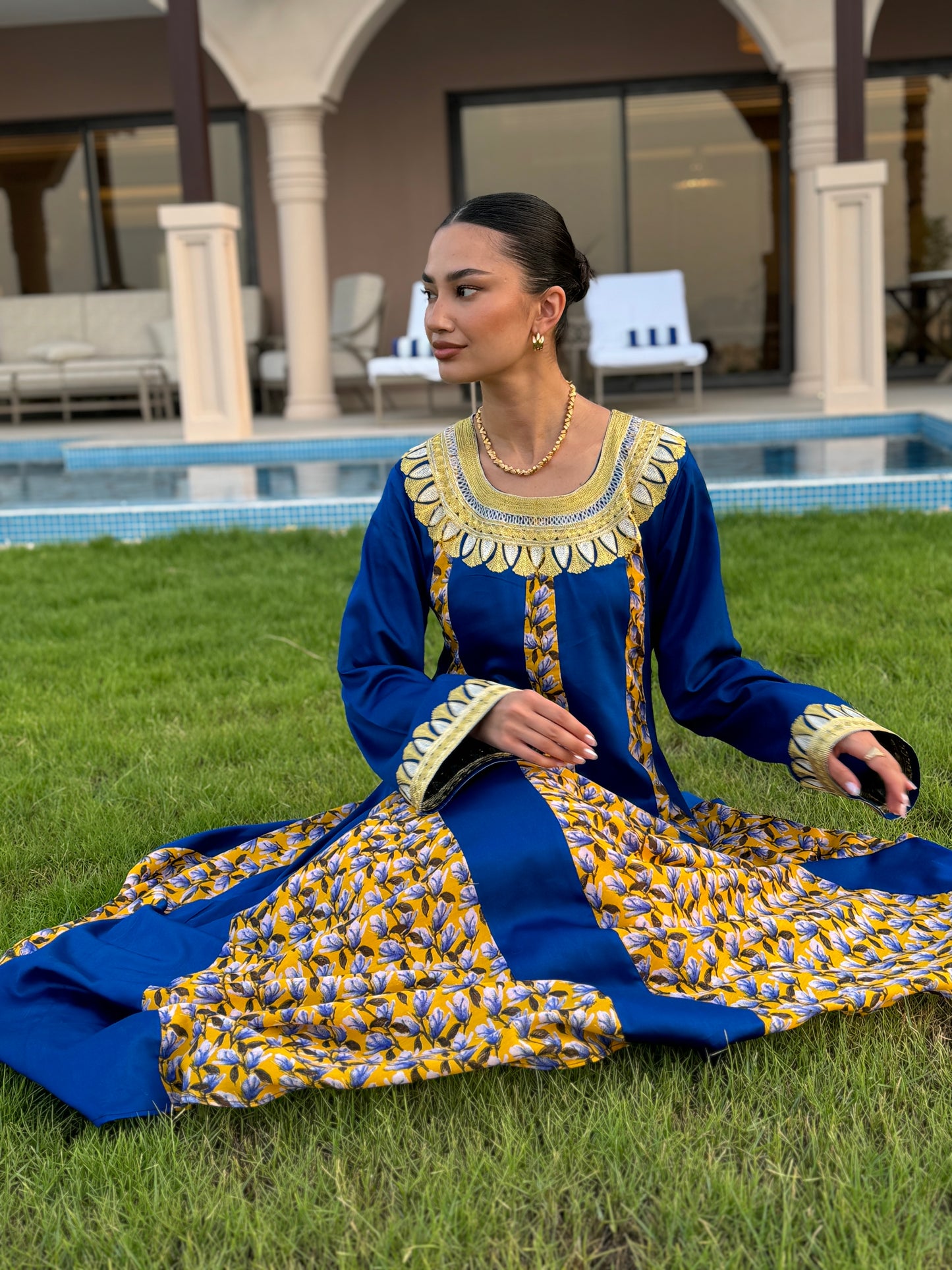 Blue Cotton Jalabya with Yellow Floral Design