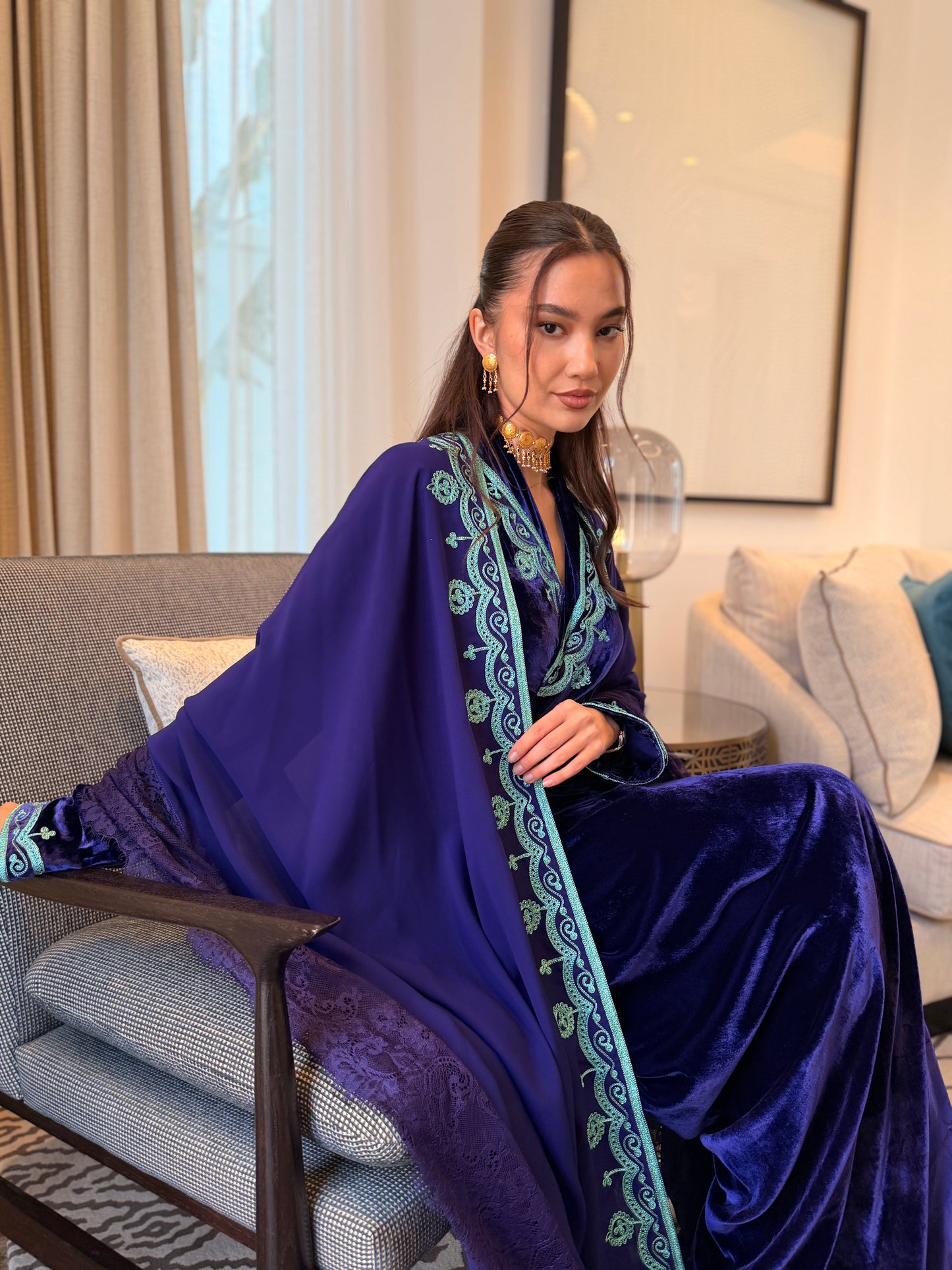 Silk Velvet Wrap Dress with Jade Embroidery and Chiffon Cape