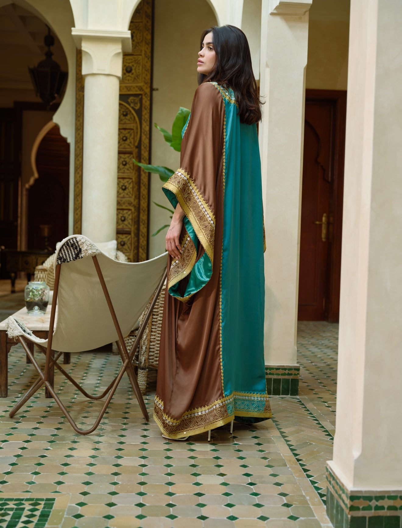 Turquoise and Brown Thob Al Nashal with brown Sleeves