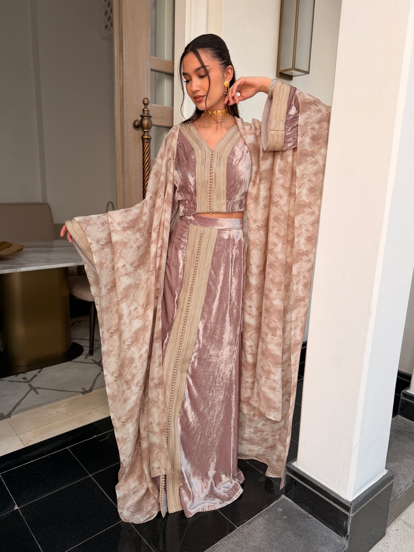 Nude Three-Piece Silk Velvet Kaftan Set with Double Sfifa