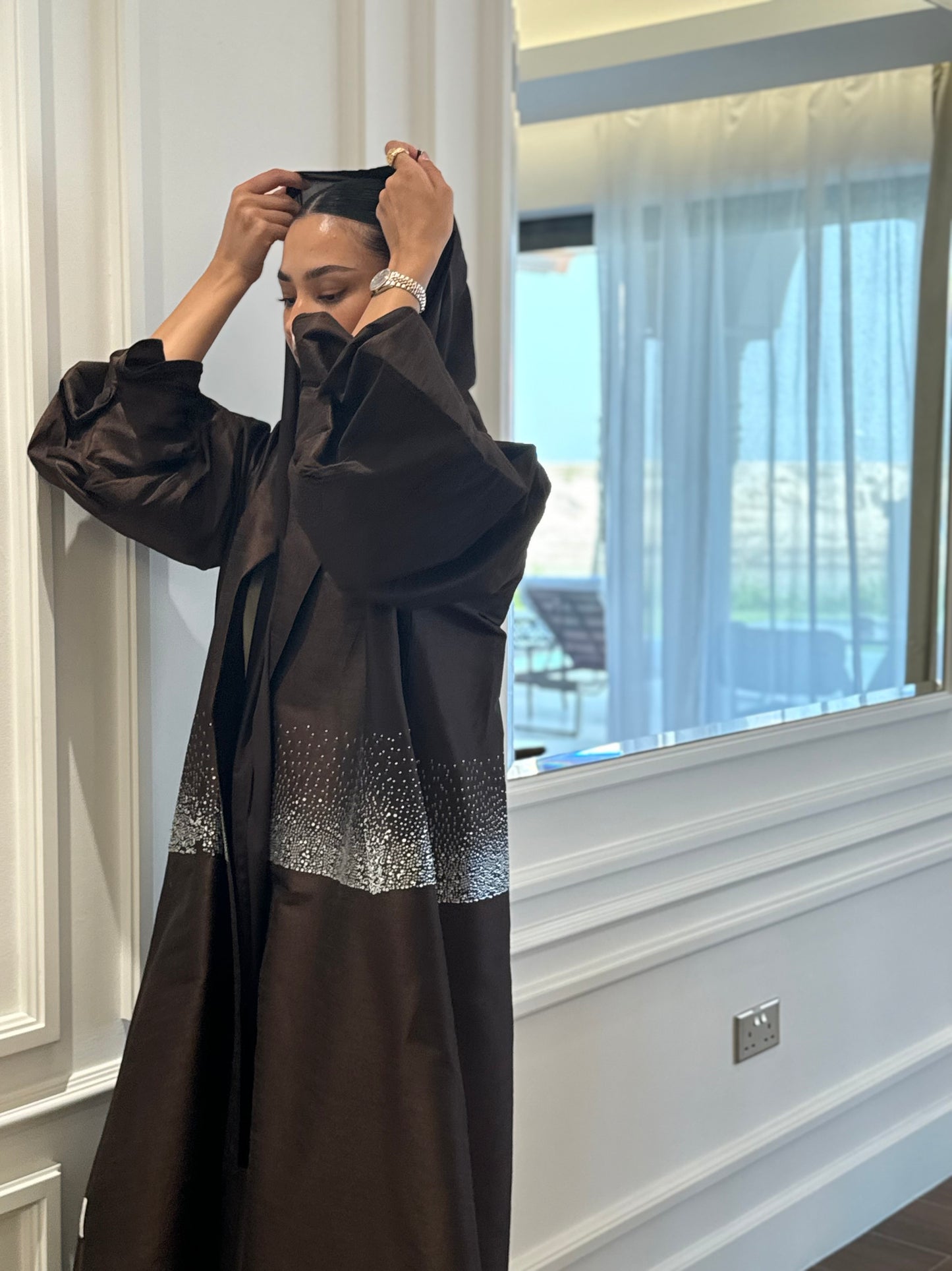 Crystal-Embellished Off-White Abaya