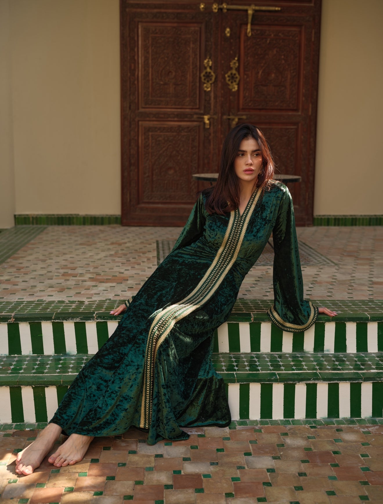 Elegant Royal Green Velvet Moroccan Caftan