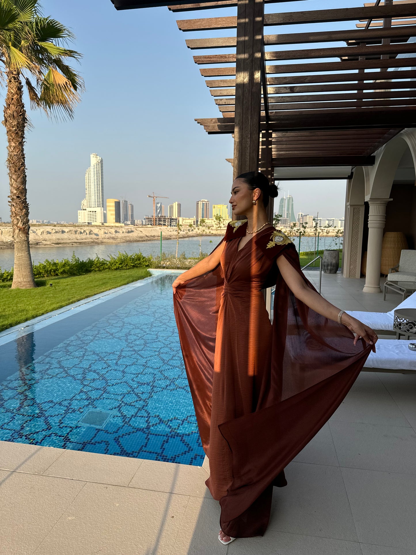 Brown V Neck Draped Jalabiya With Embroidered Cape
