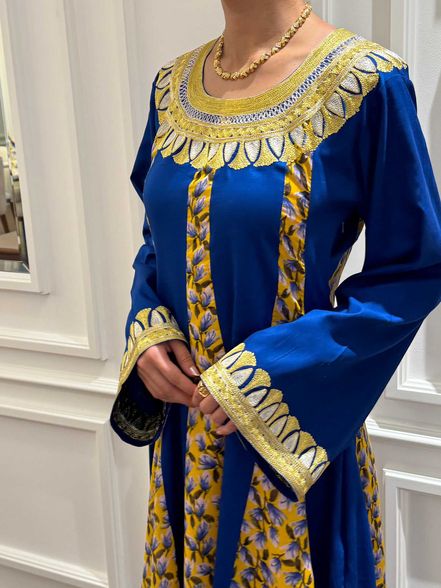 Blue Cotton Jalabya with Yellow Floral Design