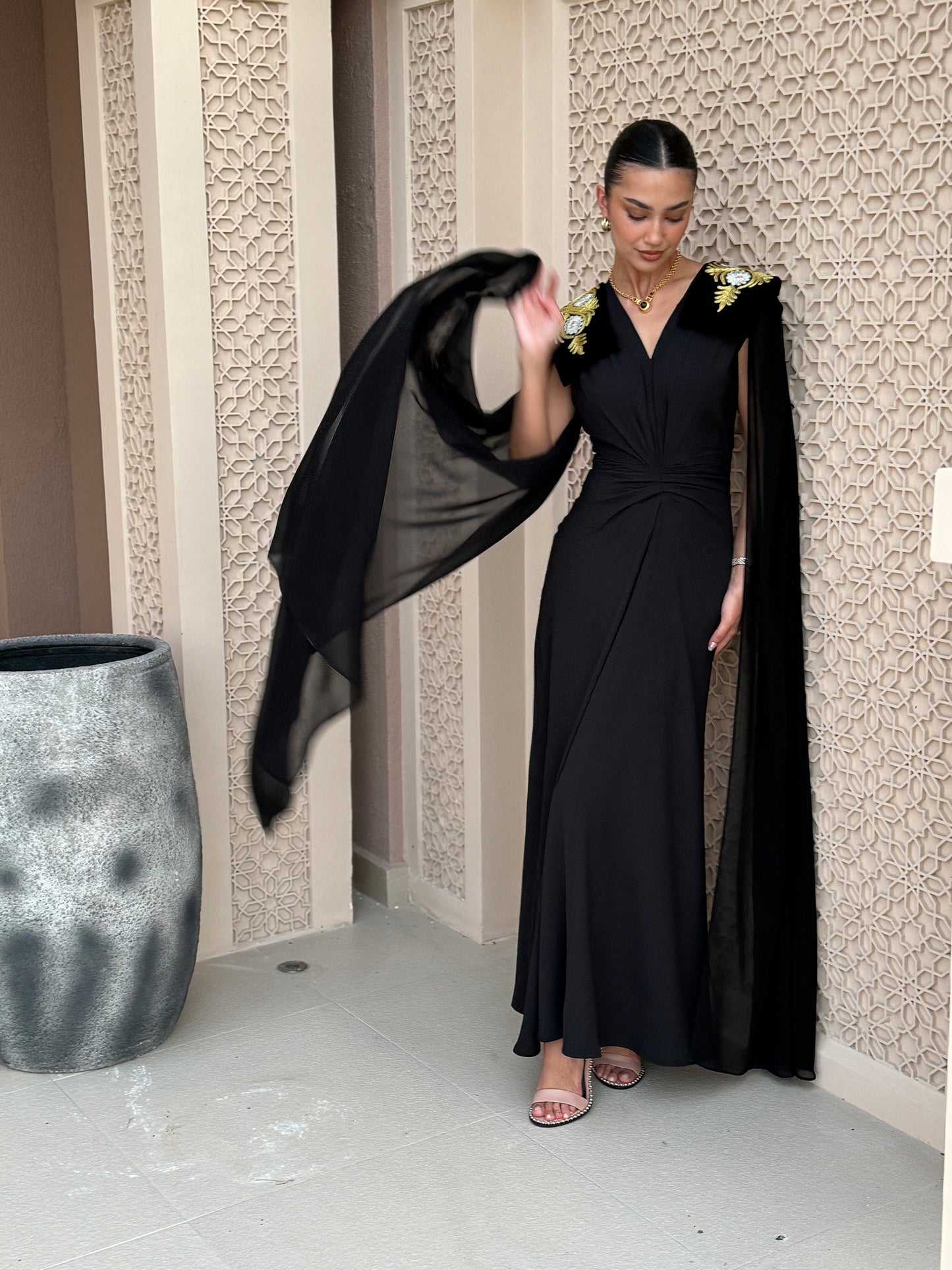 Black V-Neck Draped Jalabya with Embroidered Cape