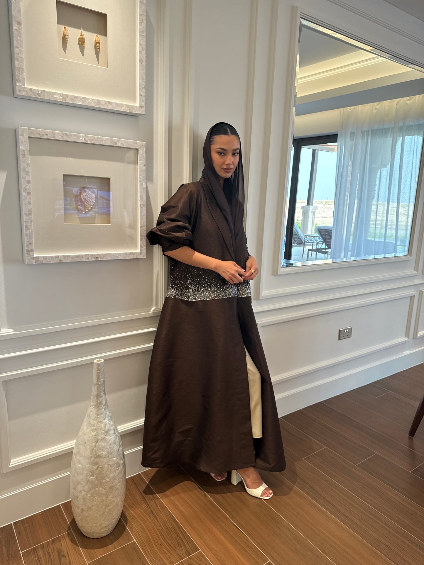 Crystal-Embellished Off-White Abaya