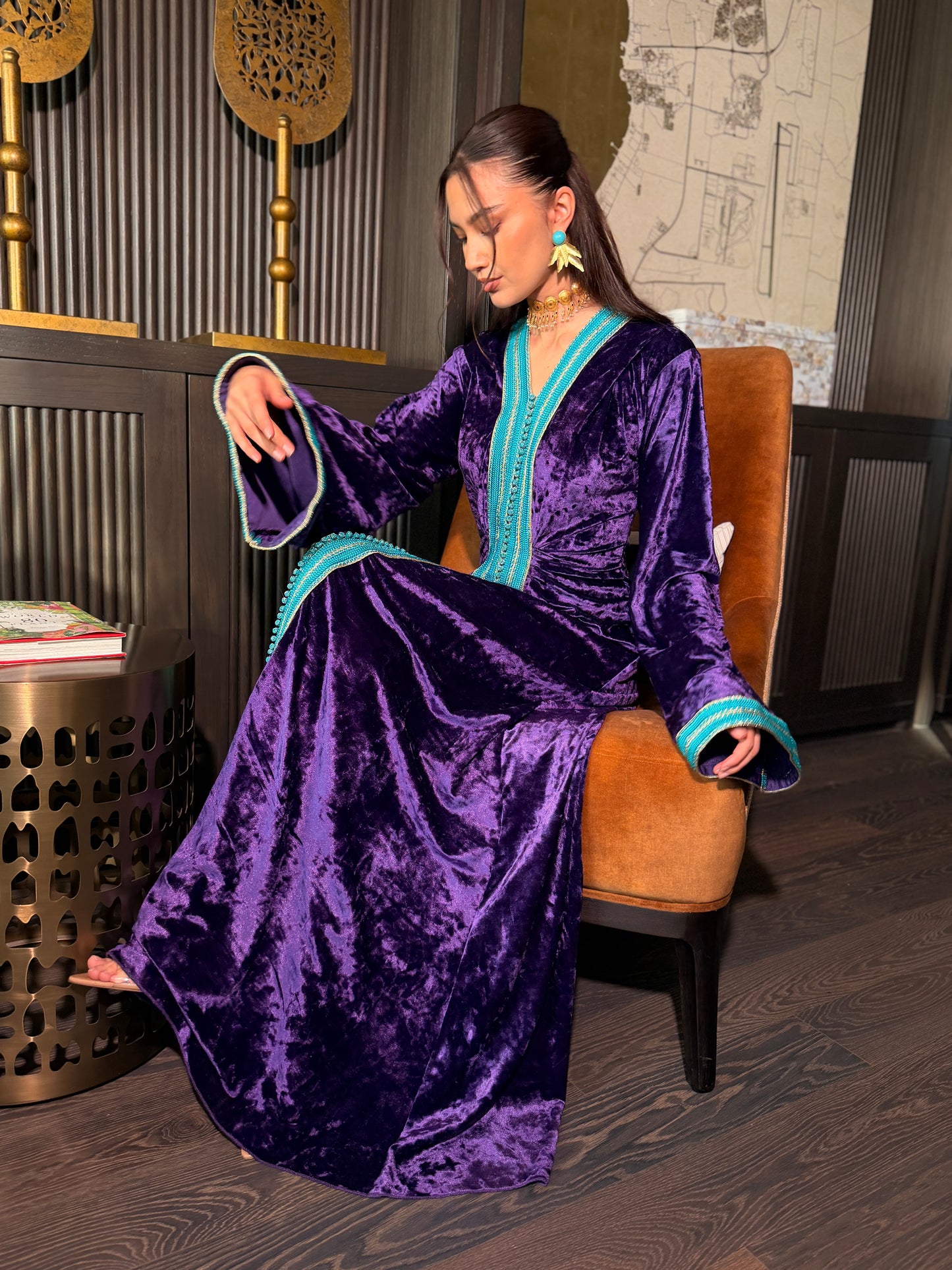 Purple Velvet Kaftan with Turquoise Moroccan Sfifa