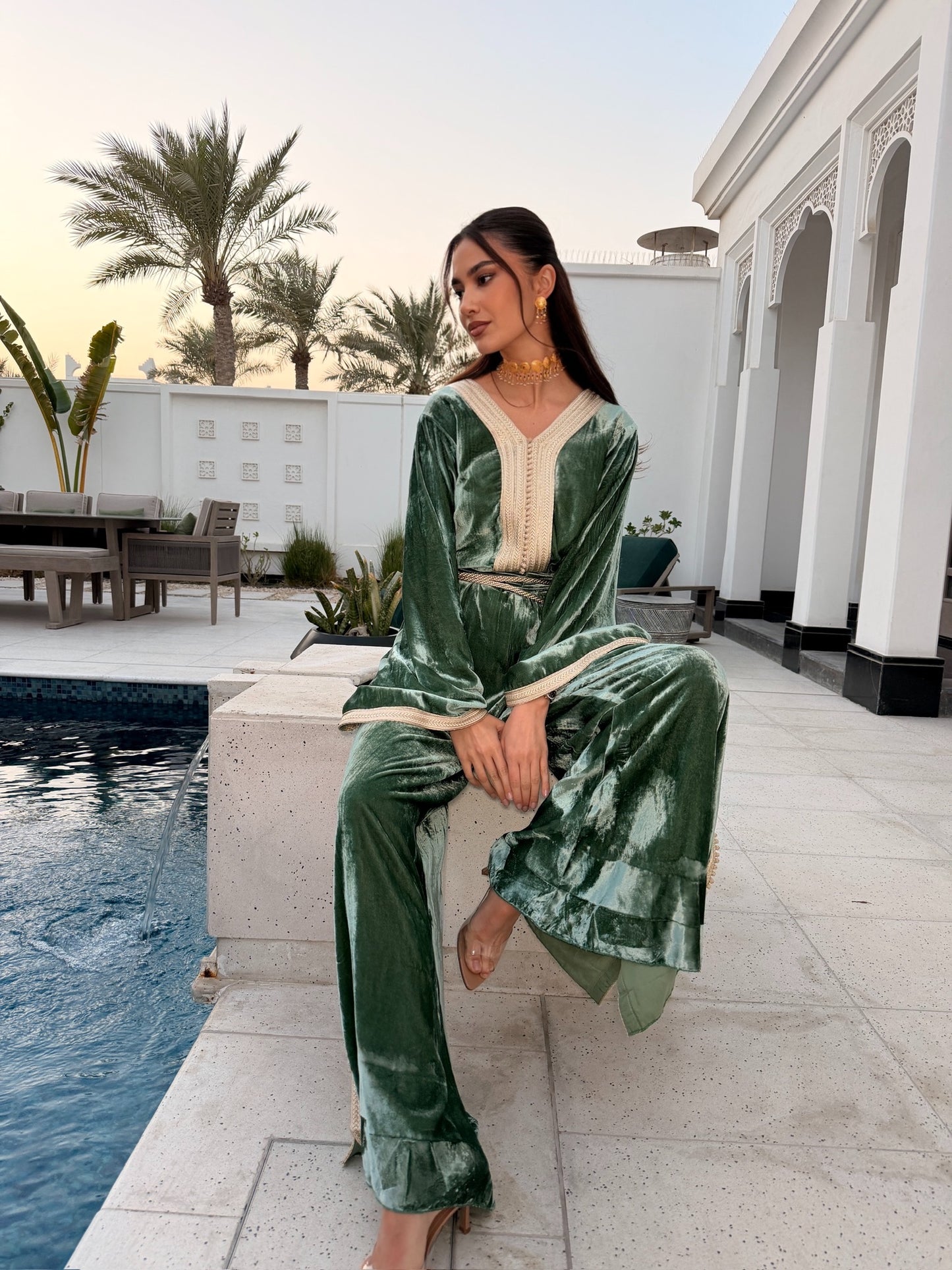 Silk Velvet Jumpsuit with Double Sfifa and Belt