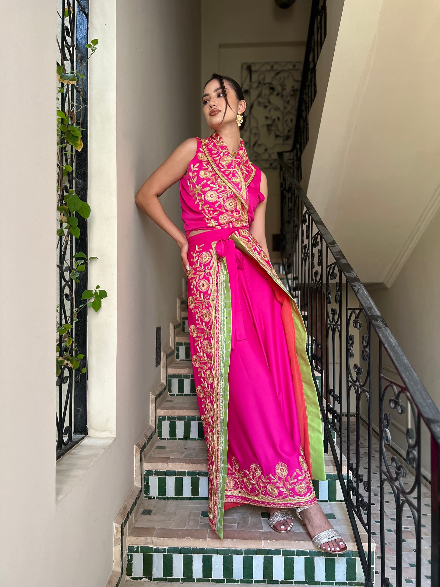 Embroidered Fuchsia Draped Set