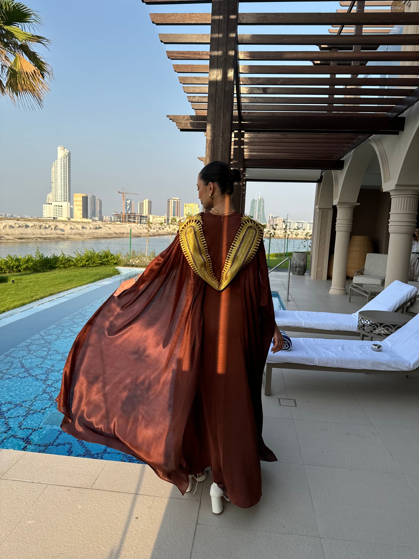 Brown V Neck Draped Jalabiya With Embroidered Cape