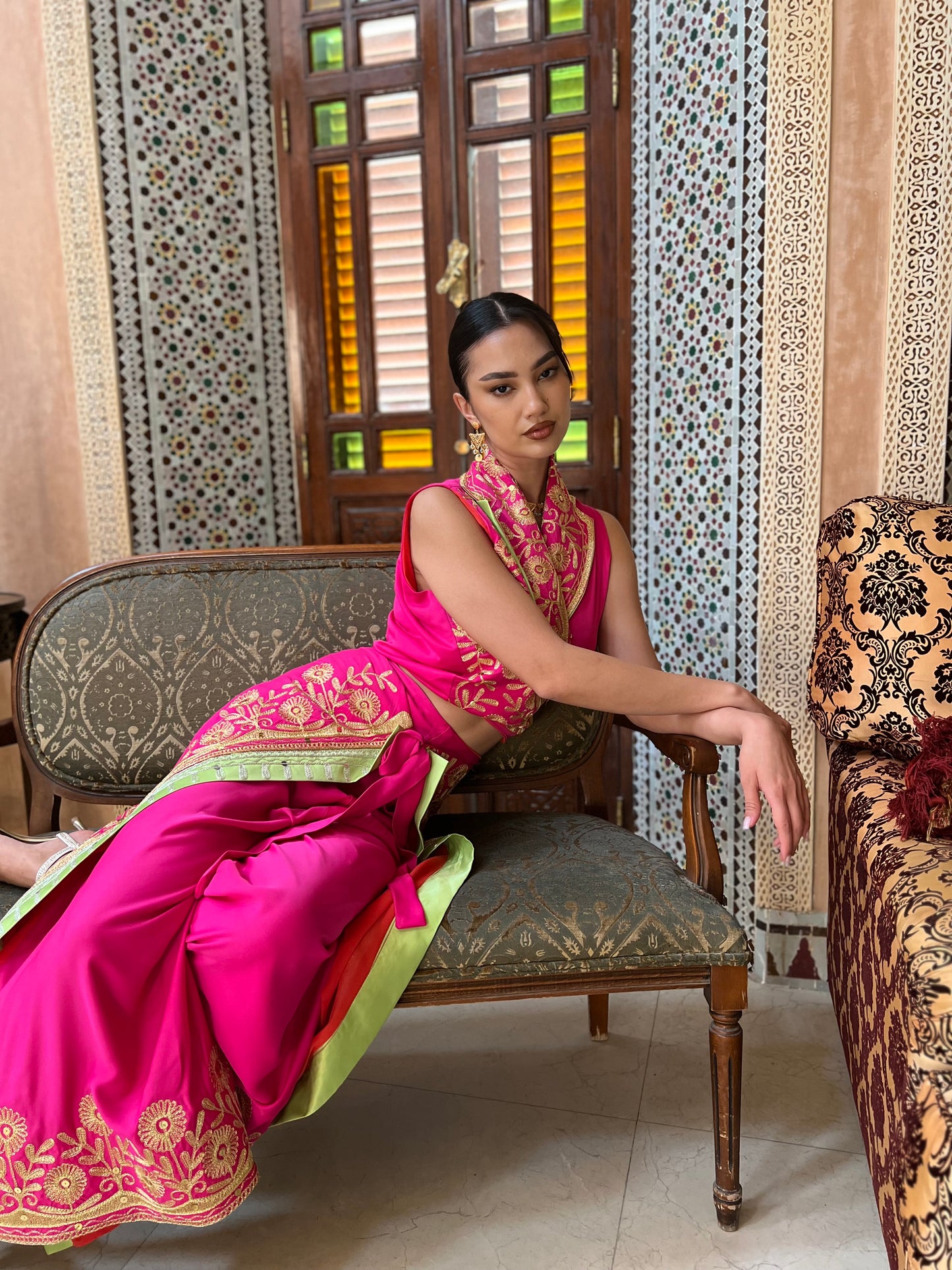 Embroidered Fuchsia Draped Set