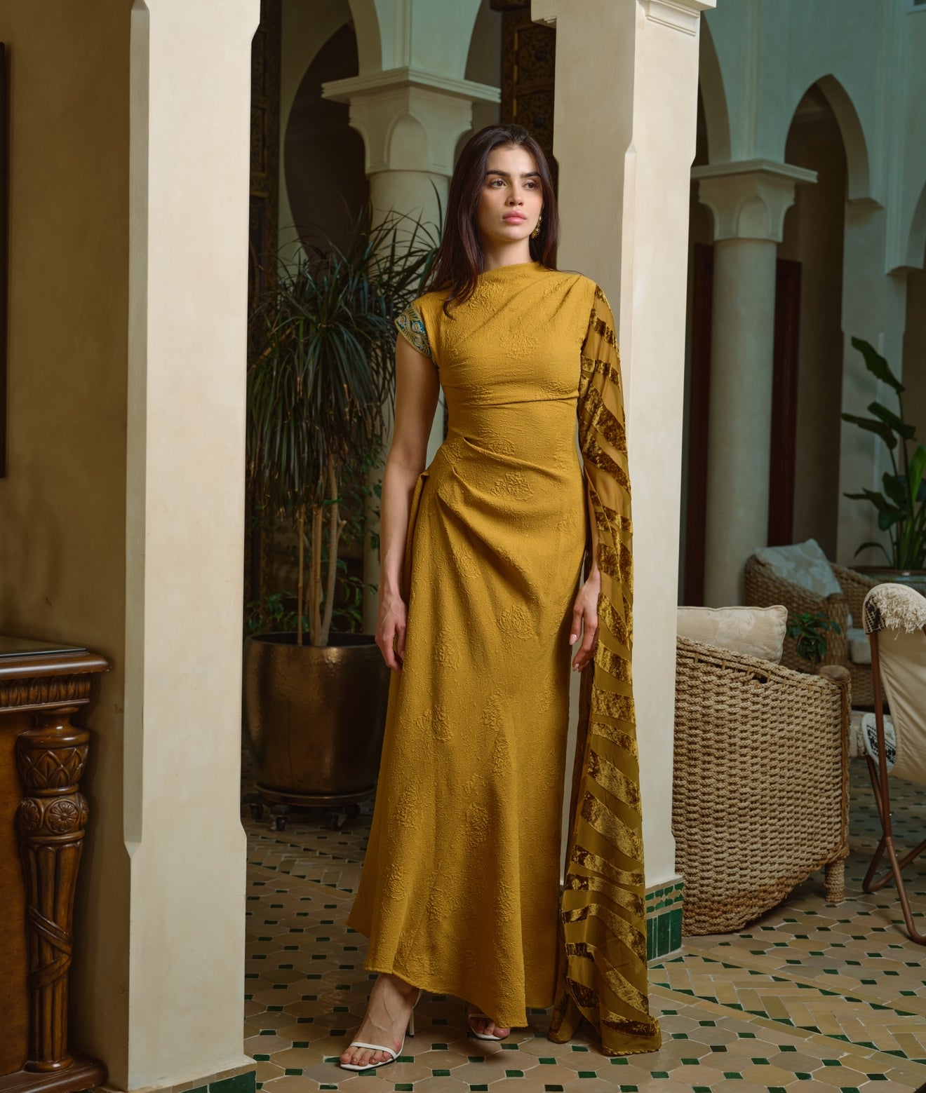 Elegant Mustard Draped Jalabya with Velvet Accents