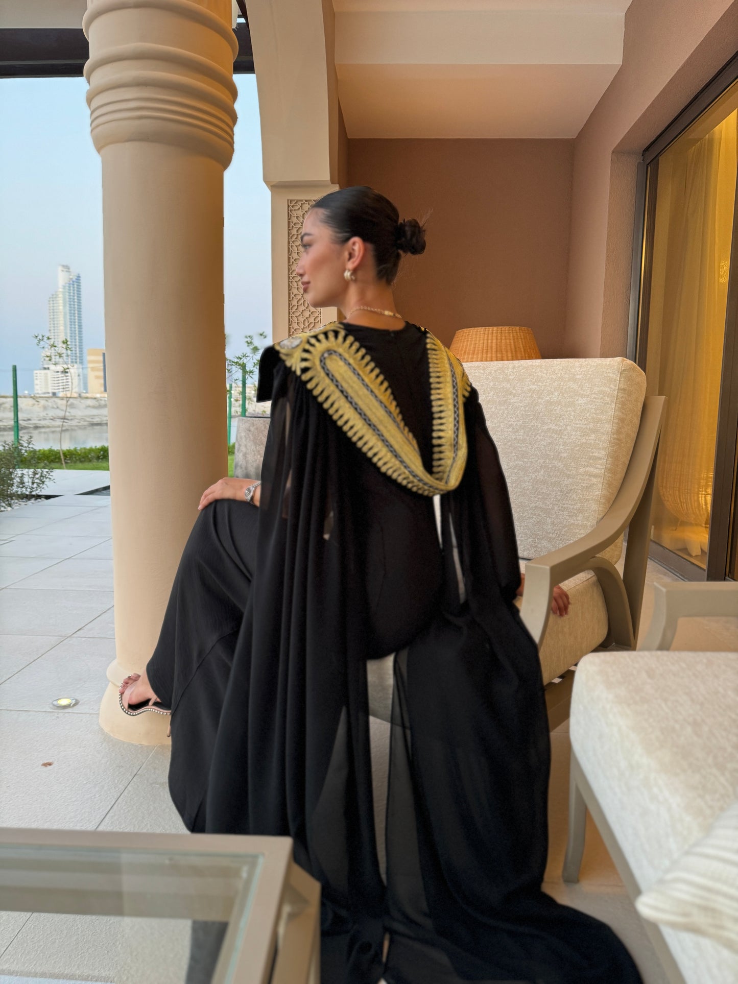 Black V-Neck Draped Jalabya with Embroidered Cape