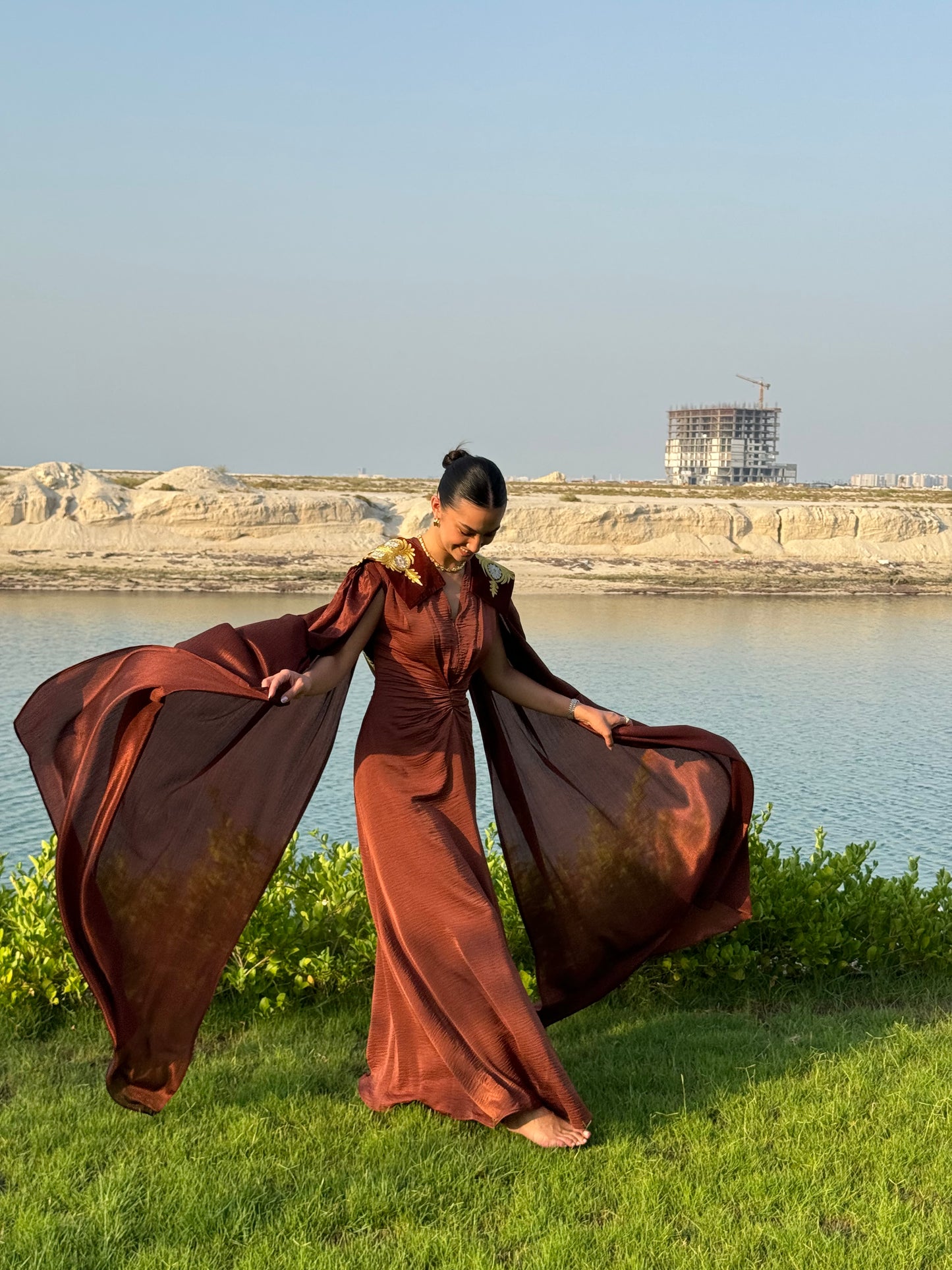 Brown V Neck Draped Jalabiya With Embroidered Cape