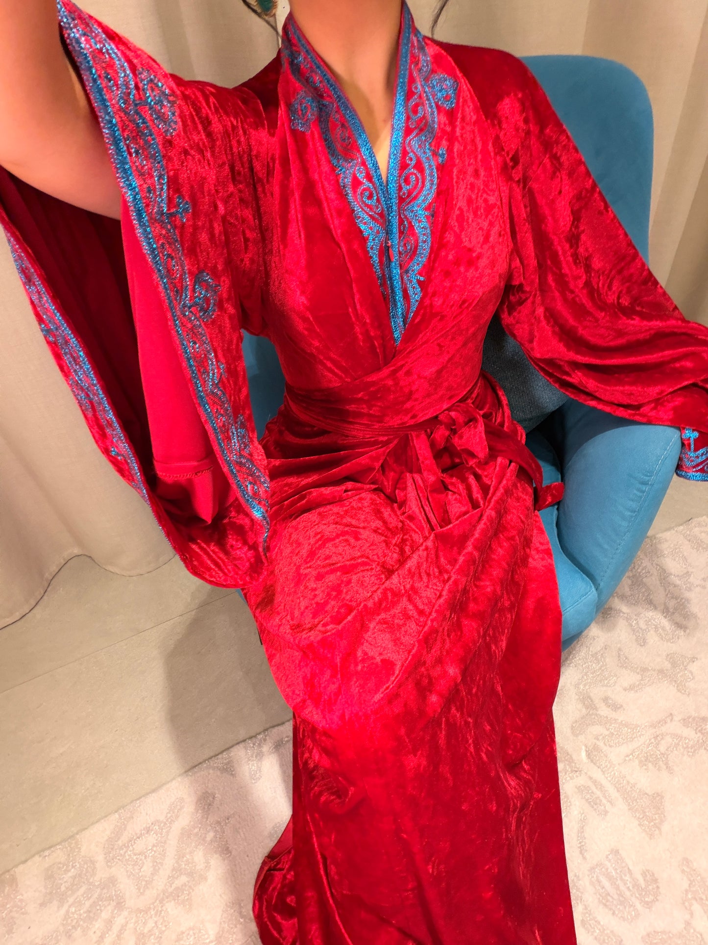 Red Velvet Wrap Kaftan with blue Embroidery