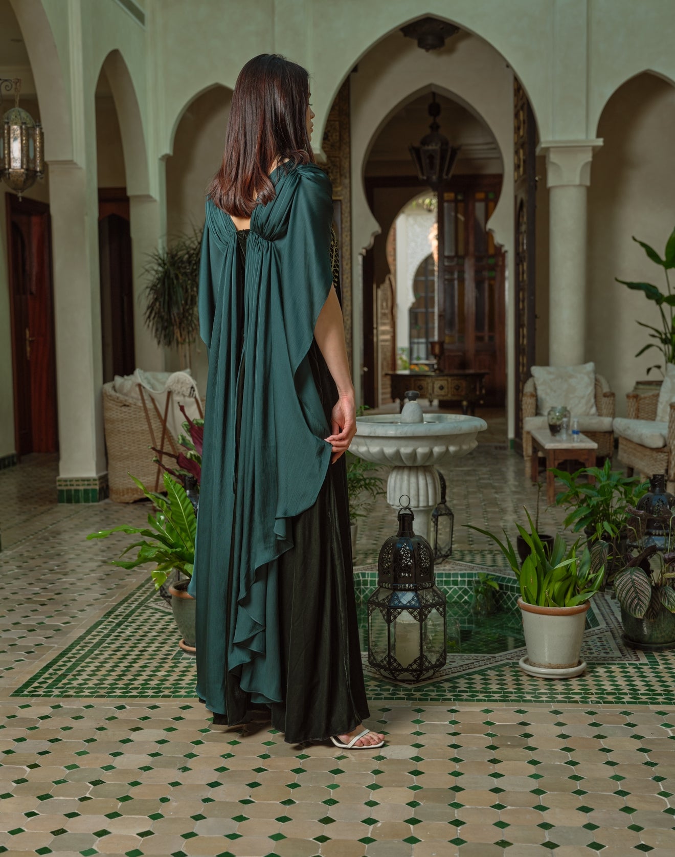 Elegant Green Velvet Dress with Sheer Cape