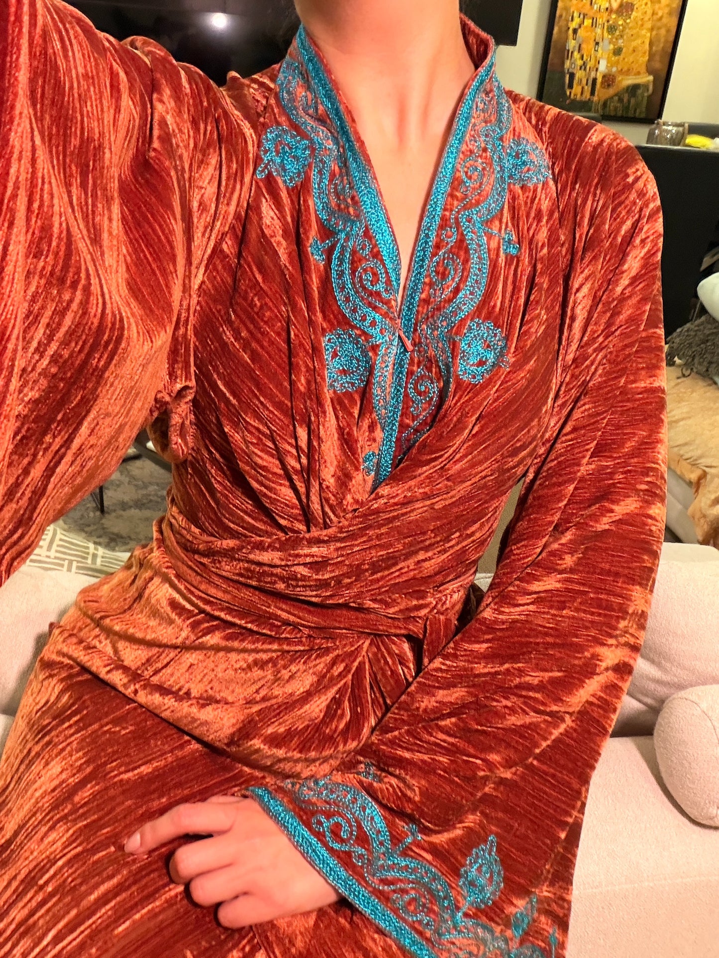 Burnt Brown Velvet Wrap Kaftan with Turquoise Embroidery