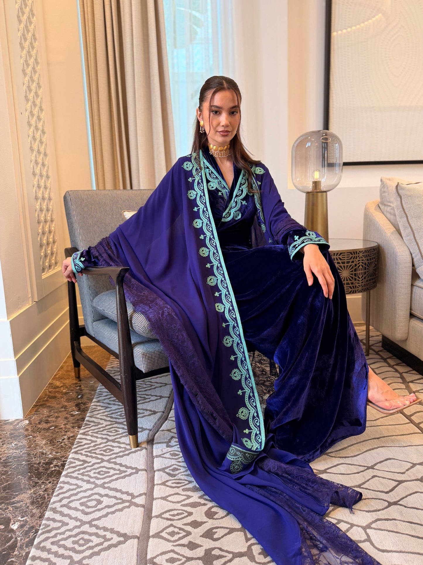 Silk Velvet Wrap Dress with Jade Embroidery and Chiffon Cape