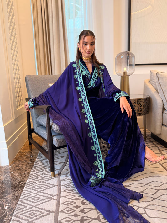 Silk Velvet Wrap Dress with Jade Embroidery and Chiffon Cape
