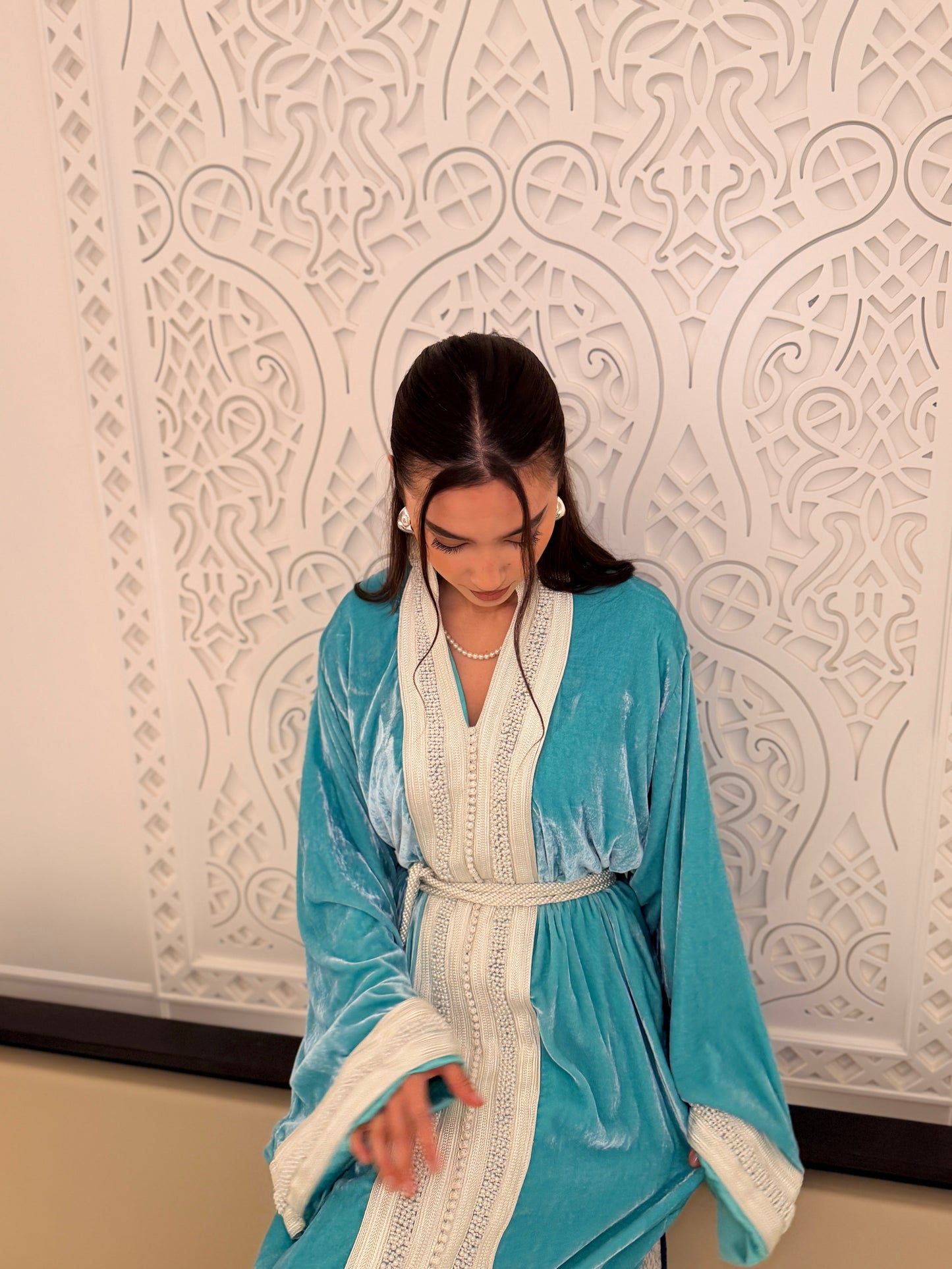 Turquoise Velvet Kaftan with Double Sfifa and Pearl Details