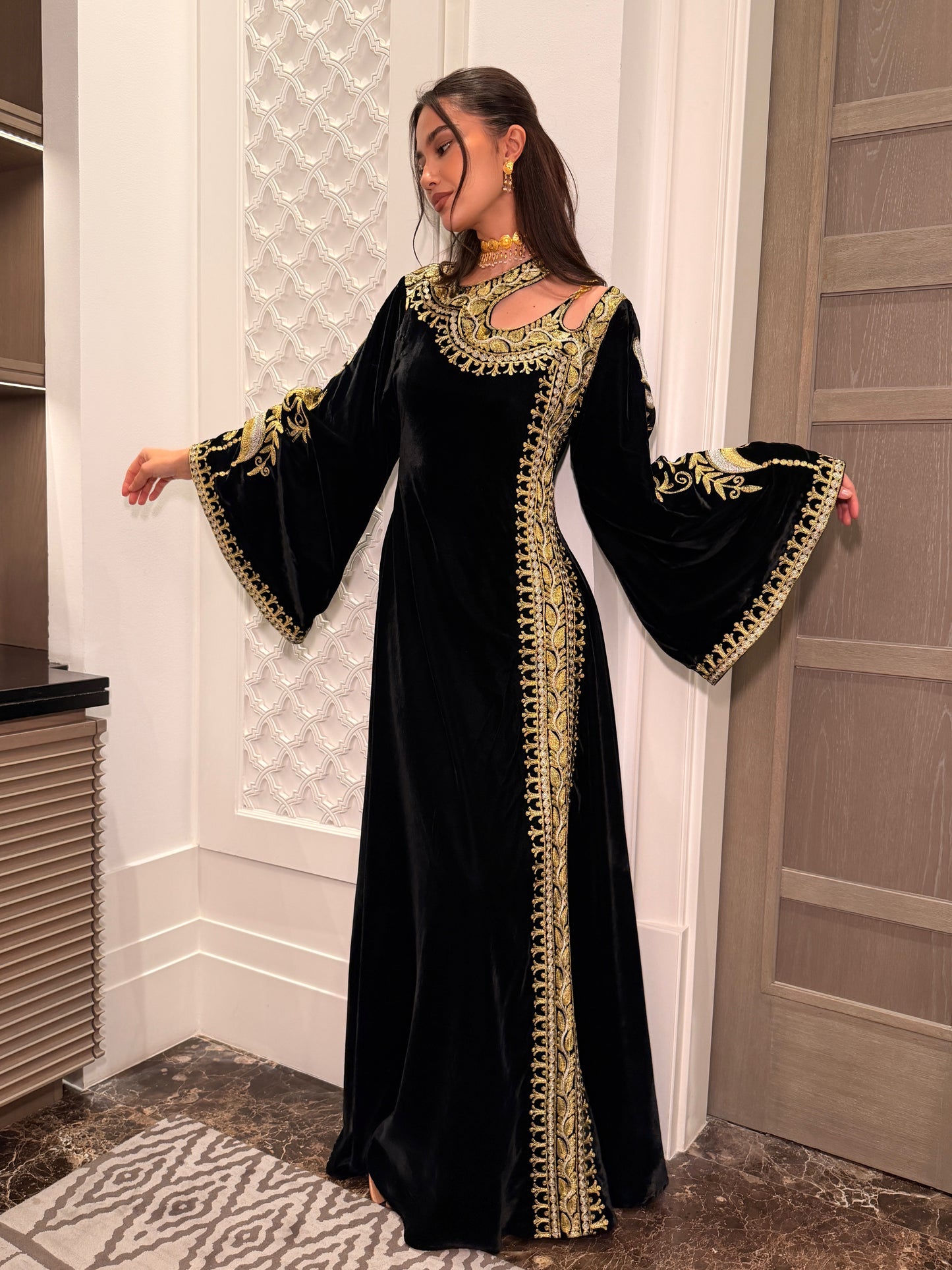 Black Velvet Dress with Chain Embroidery and Cutout Details