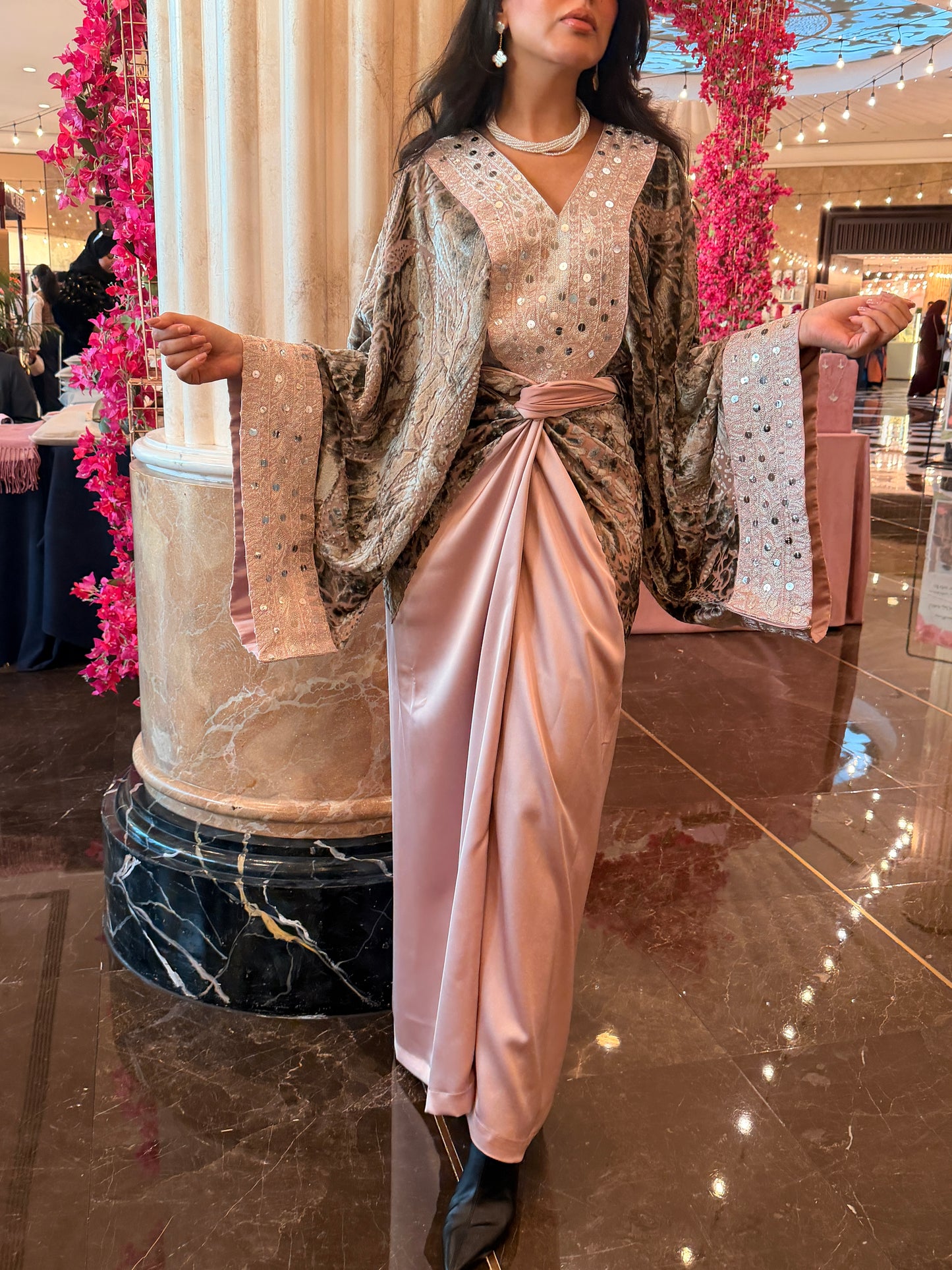 Embroidered Velvet Pink Top with Wrapped Silk Skirt