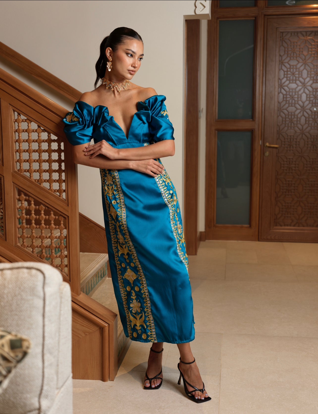 Structured Off-the-Shoulder Blue Dress with Silver and Gold Embroidery