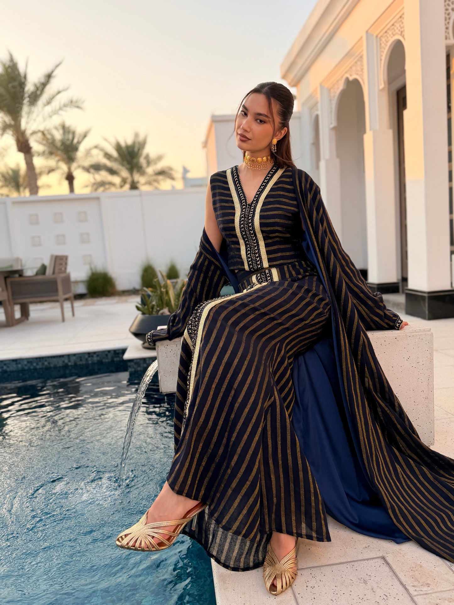 Linen Three-Piece Kaftan Set with Double Sfifa
