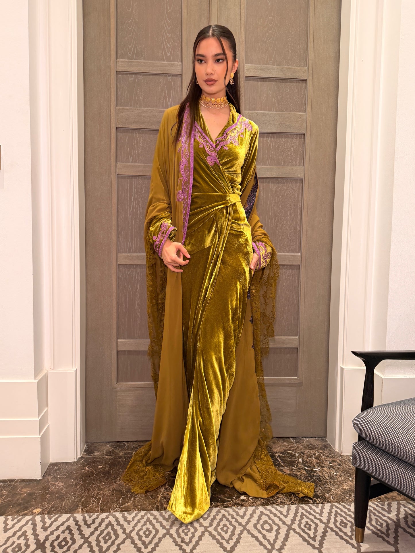 Silk Velvet Wrap Dress in Mustard with Lilac Embroidery and Chiffon Cape