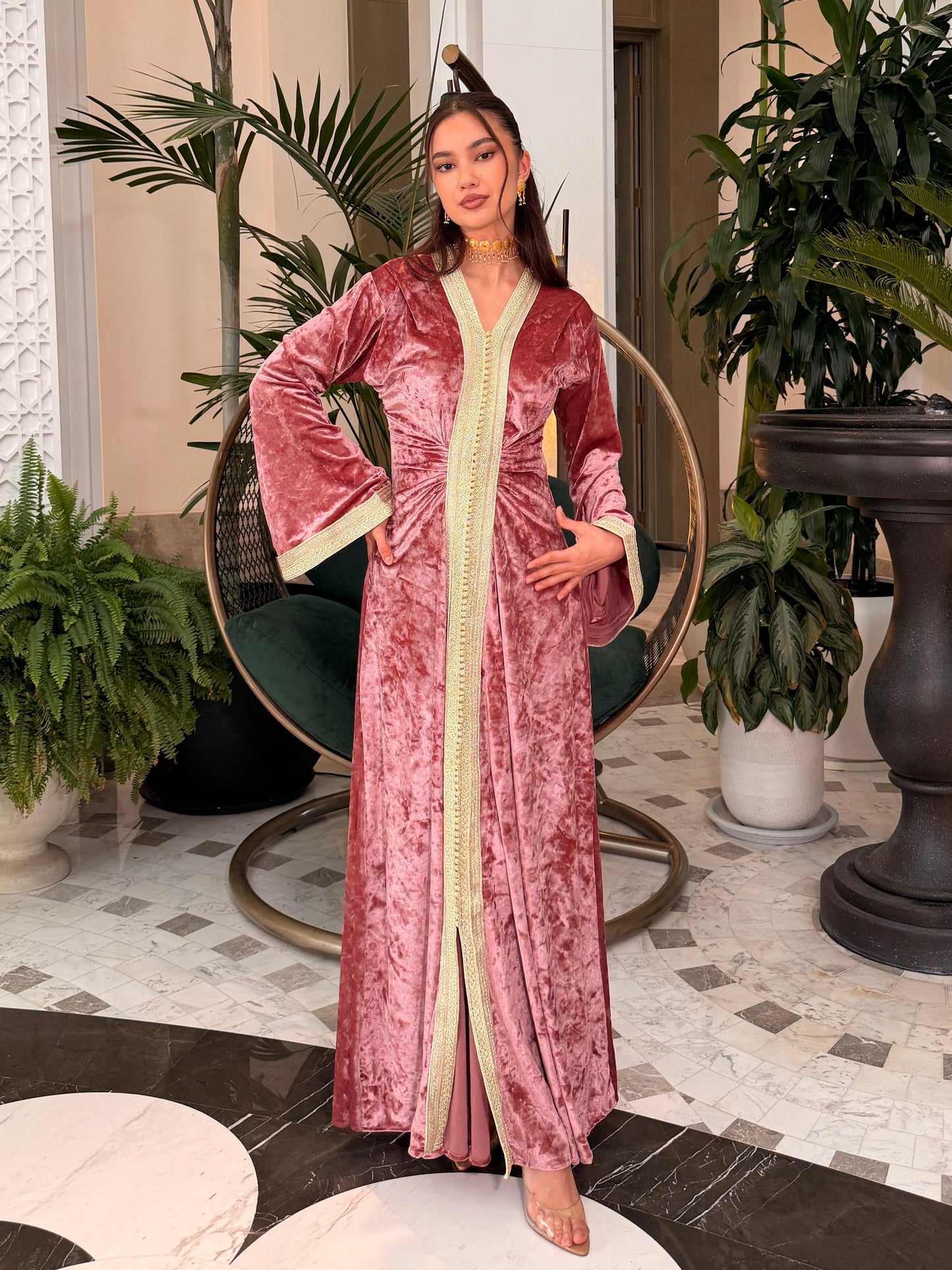 Pink Moroccan Velvet Caftan with Double Gold Sfifa