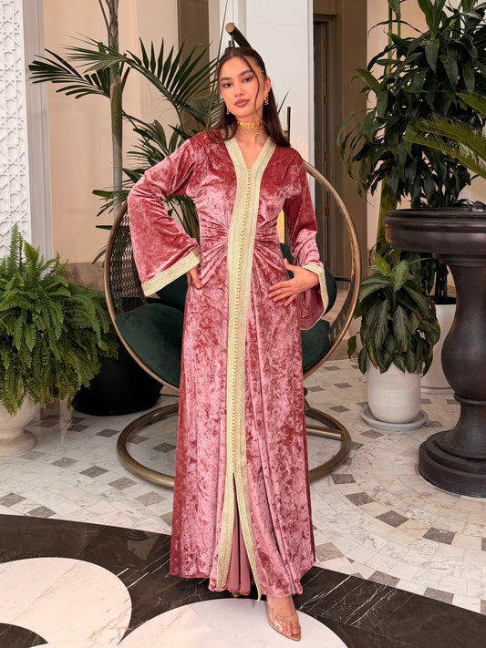 Pink Moroccan Velvet Caftan with Double Gold Sfifa