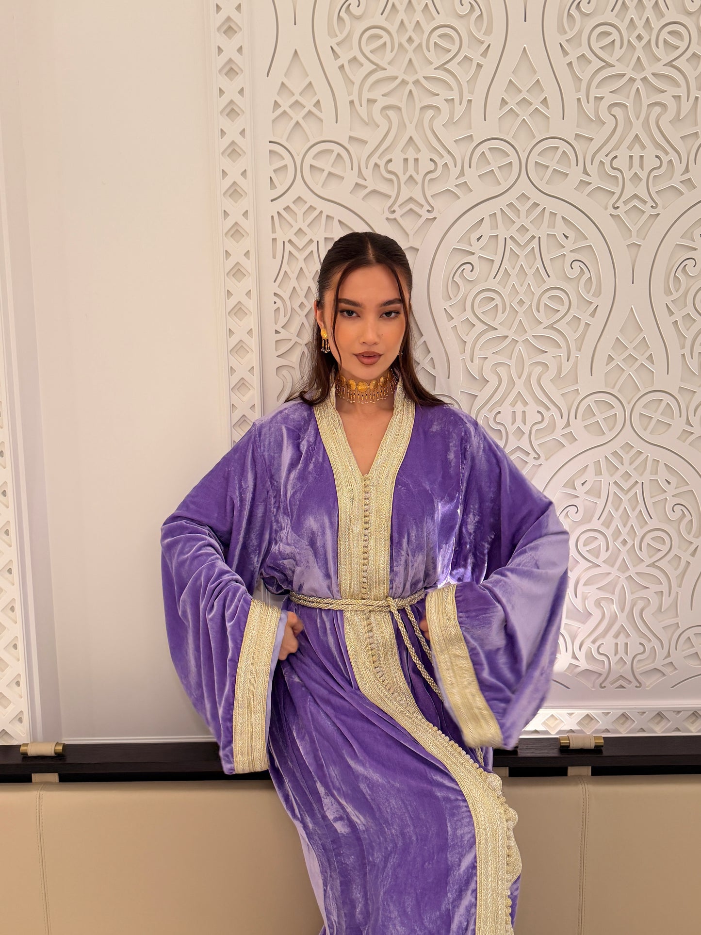 Purple Velvet Kaftan with Double Gold Sfifa