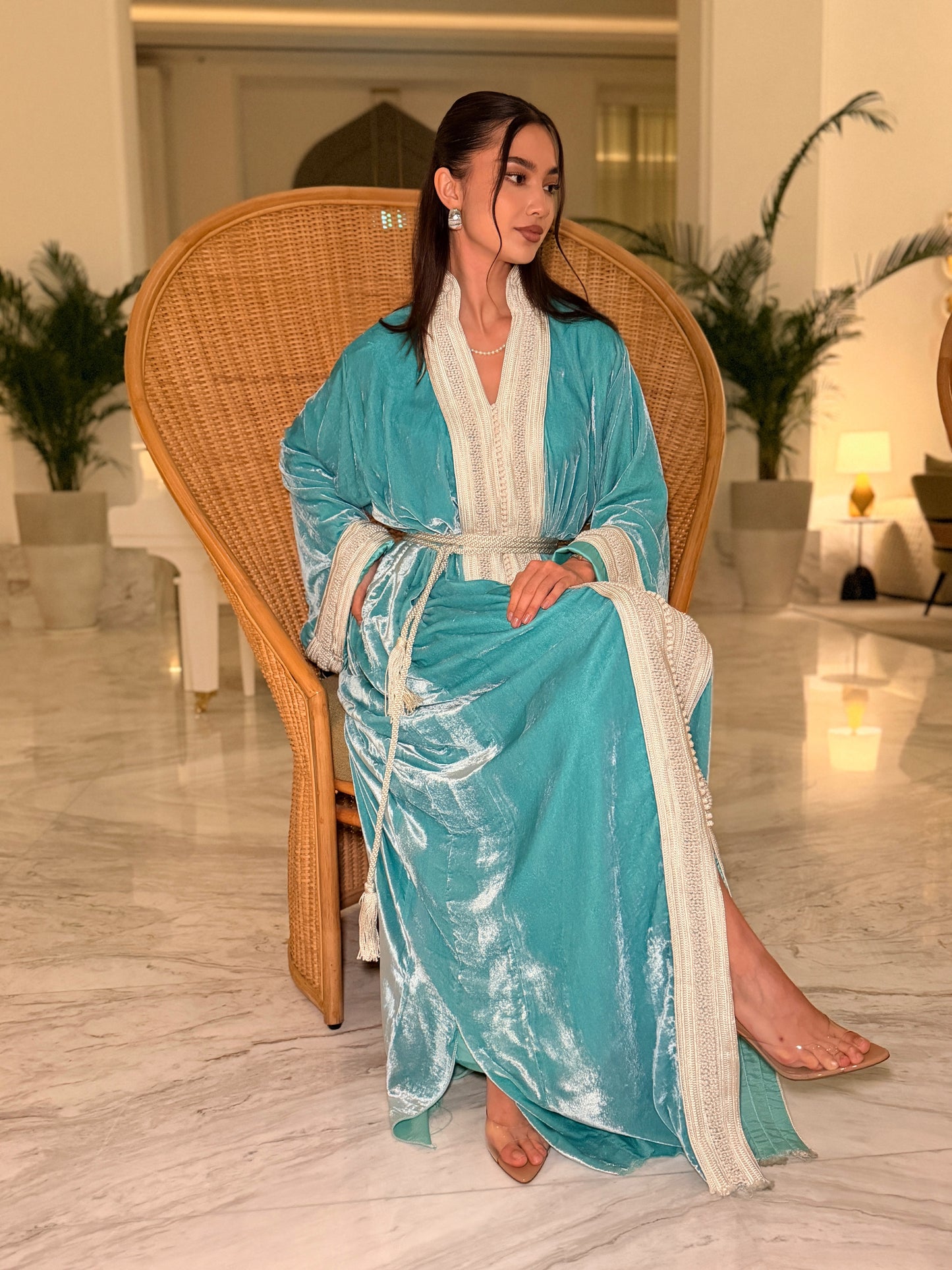 Turquoise Velvet Kaftan with Double Sfifa and Pearl Details