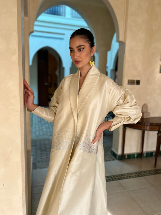 Crystal-Embellished Off-White Abaya