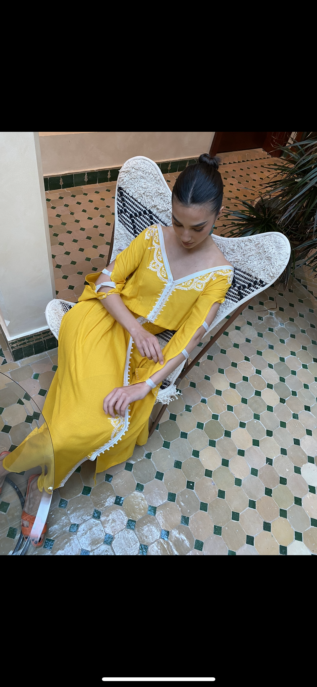 Elegant Mustard Yellow Home Caftan in Light Cotton with White Sfifa and Delicate Embroidery