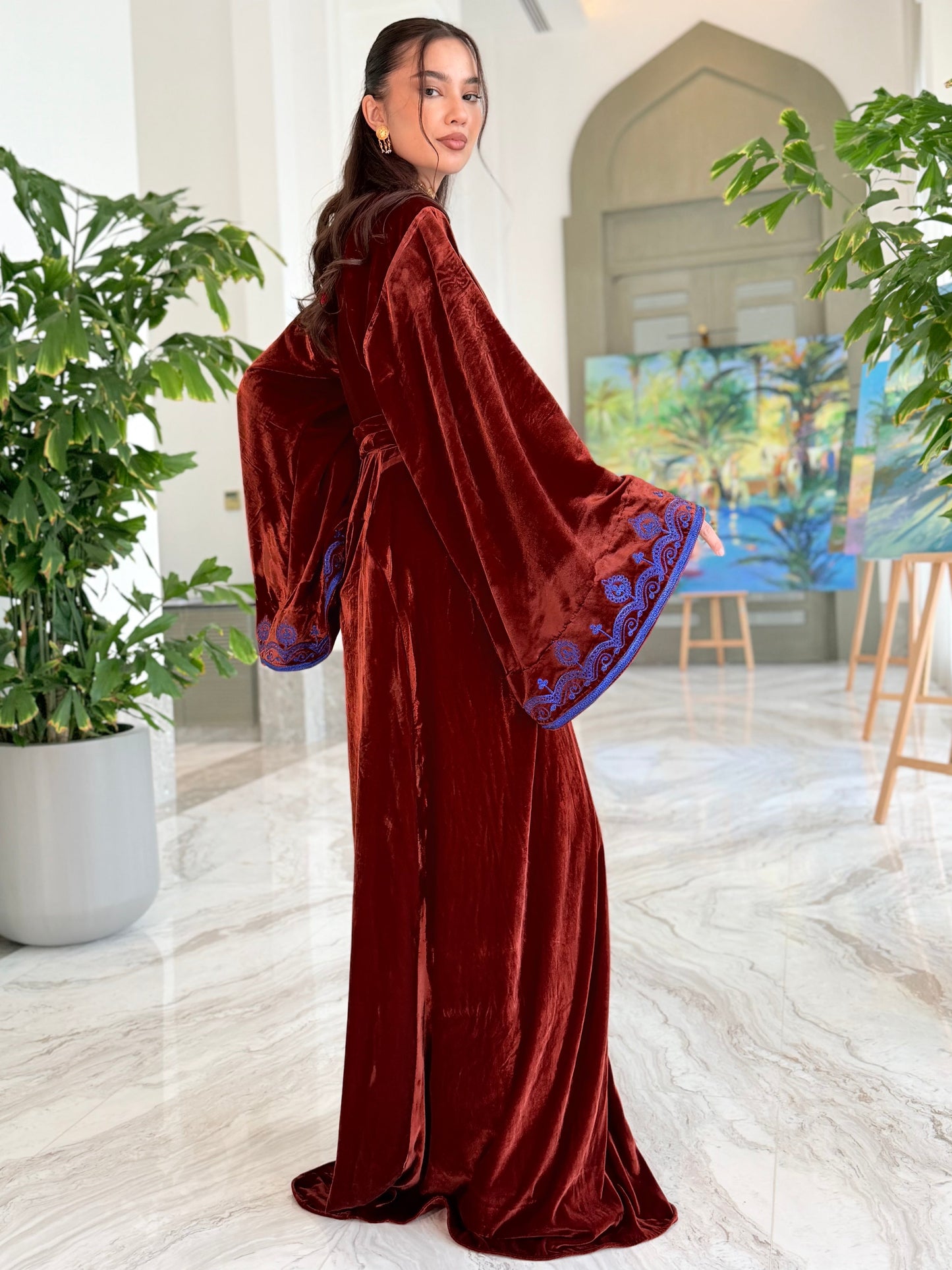 Burnt Brown Velvet Kaftan with Blue Metallic Embroidery