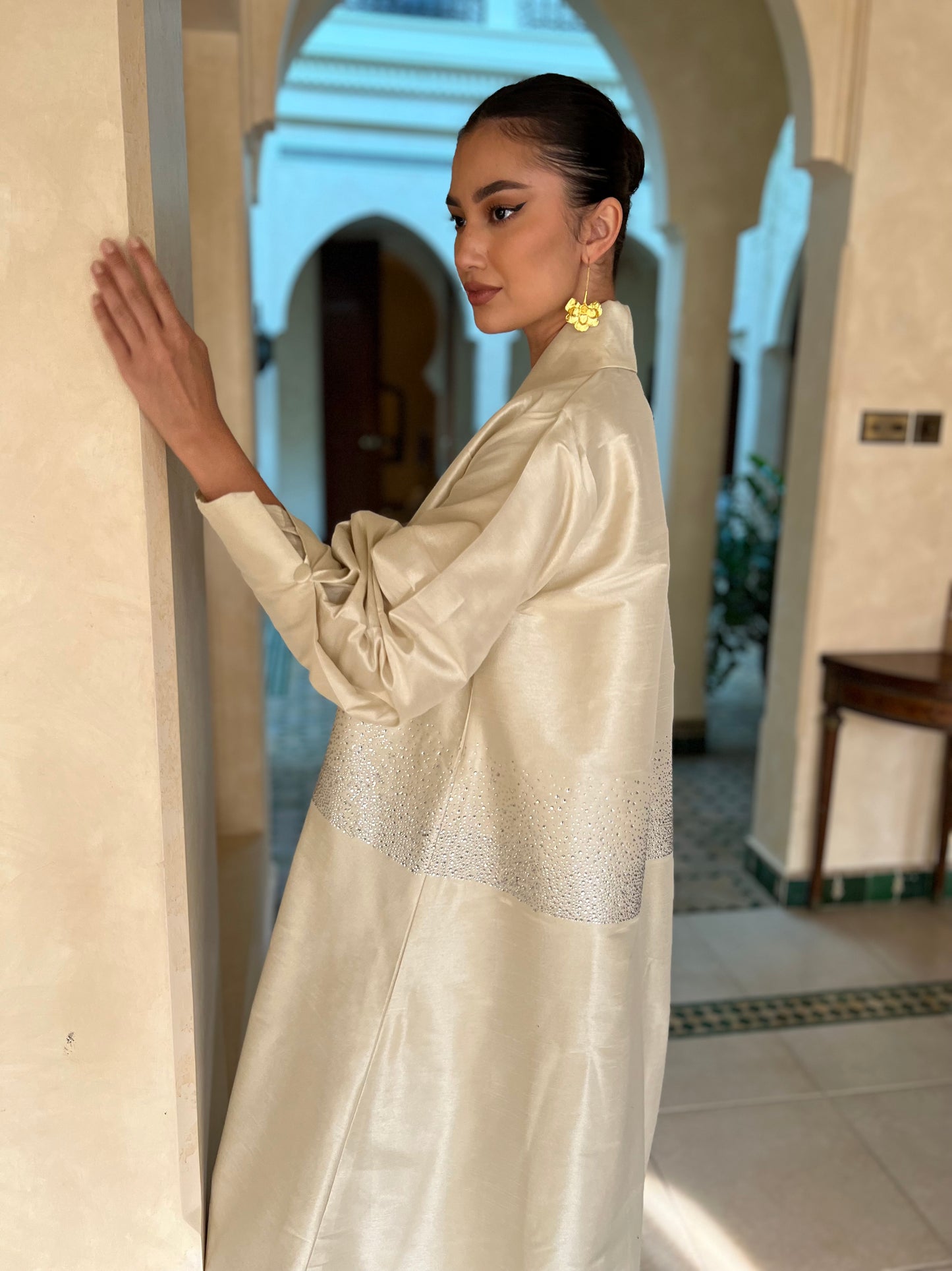 Crystal-Embellished Off-White Abaya