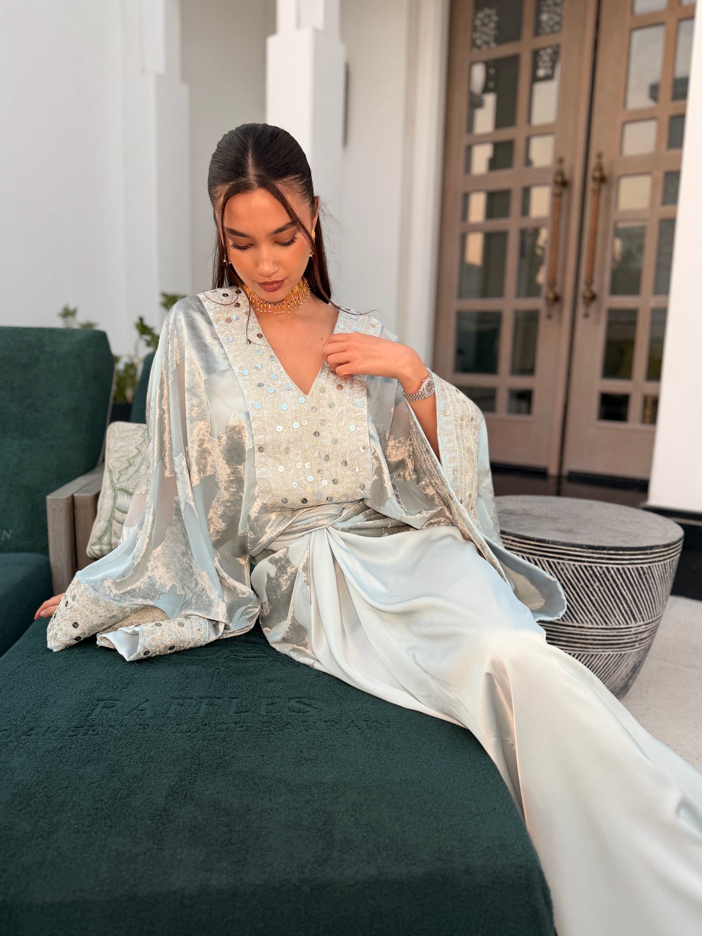 Embroidered Velvet Devoré Top with Wrapped Silk Skirt