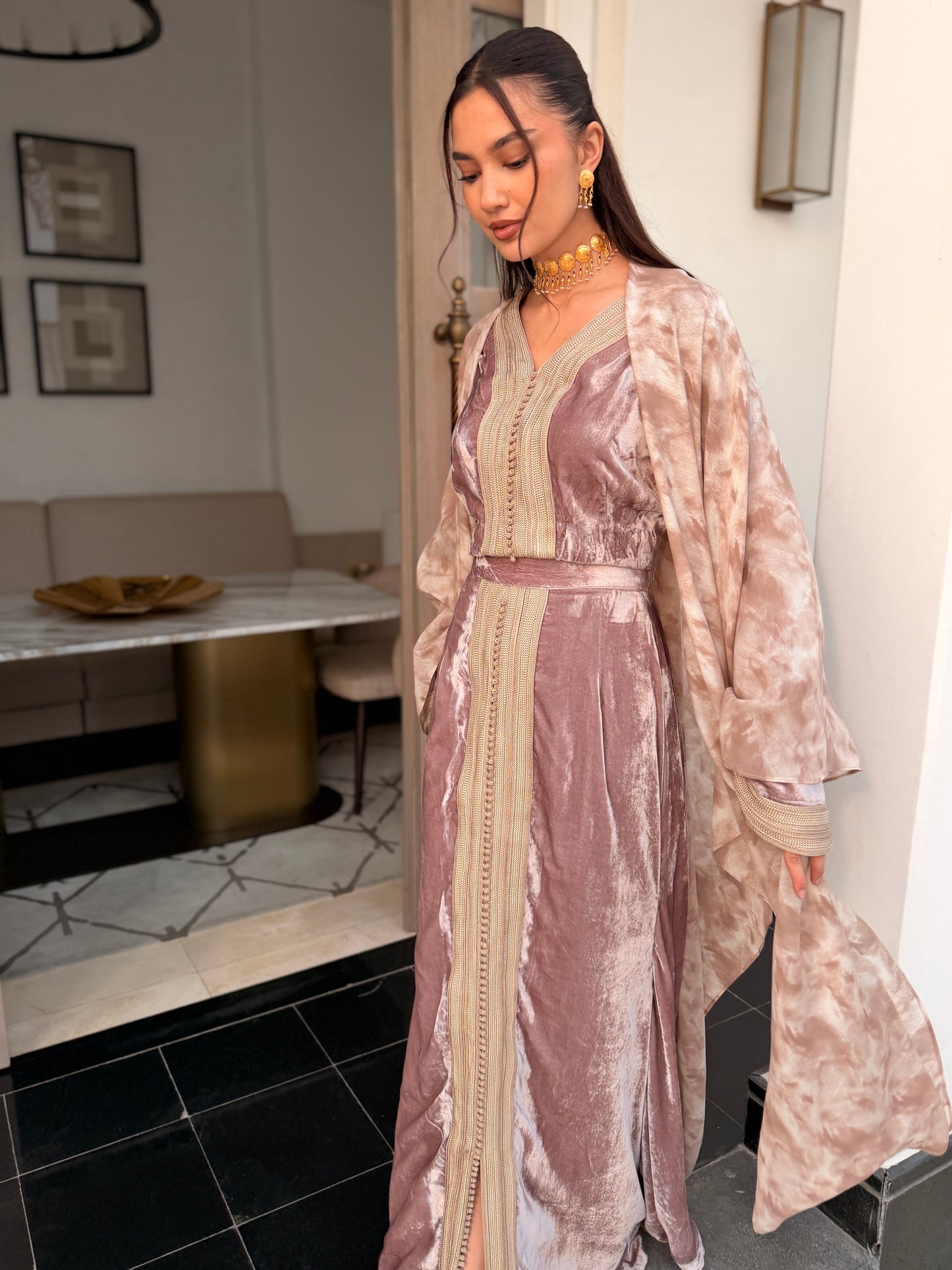 Nude Three-Piece Silk Velvet Kaftan Set with Double Sfifa