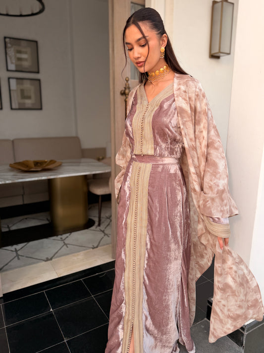 Nude Three-Piece Silk Velvet Kaftan Set with Double Sfifa