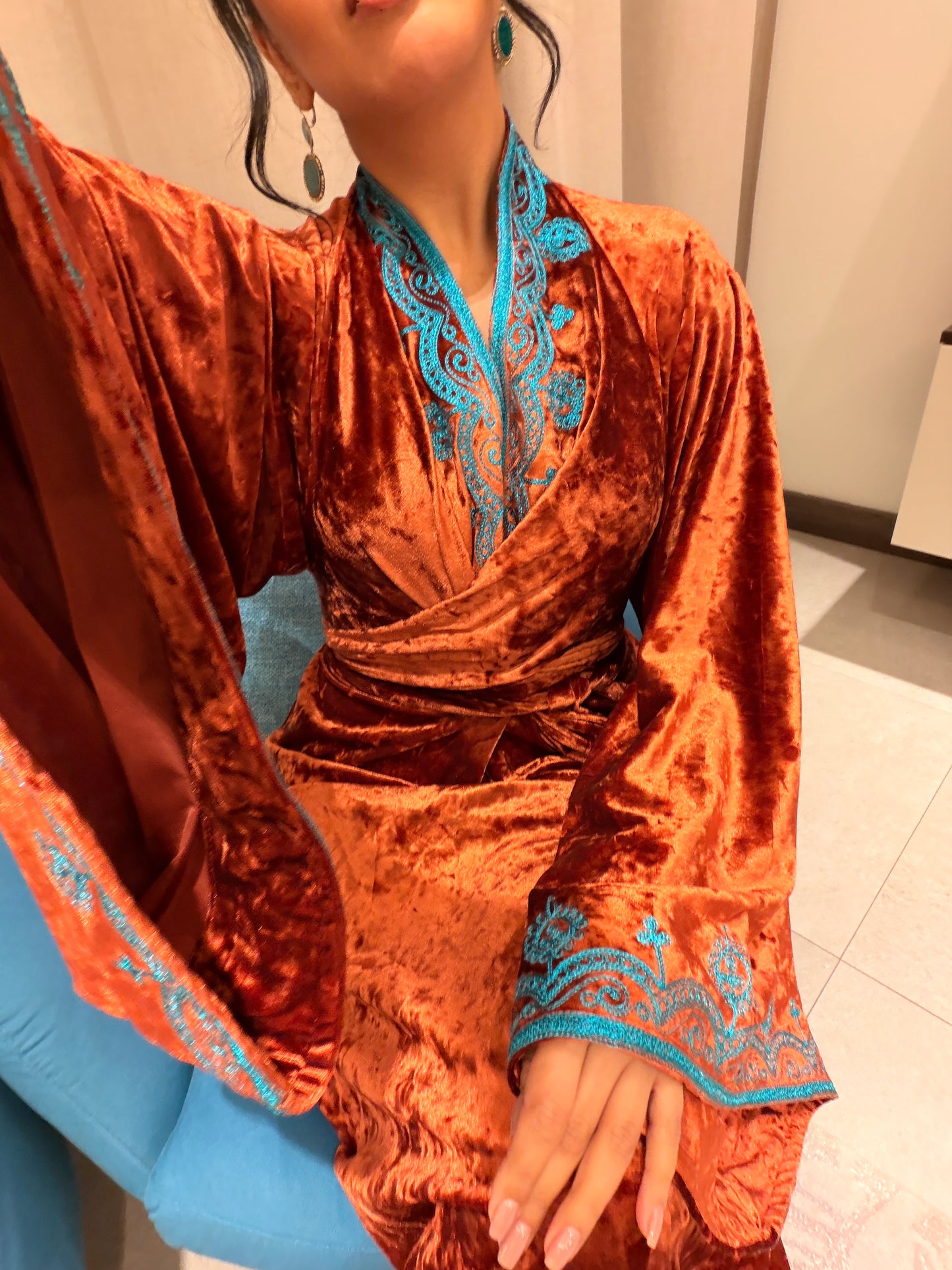 Burnt Brown Velvet Wrap Kaftan with Turquoise Embroidery