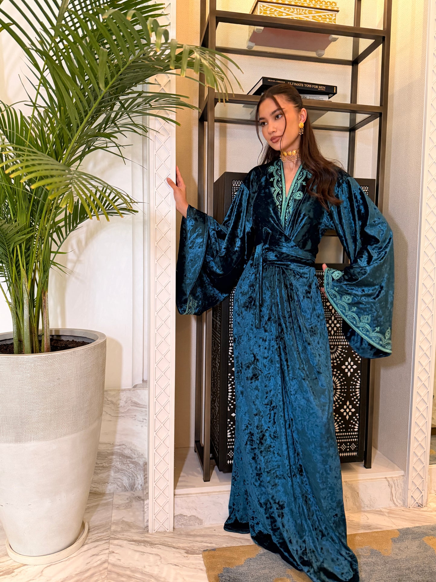 Deep Teal Velvet Wrap Kaftan with Turquoise Embroidery