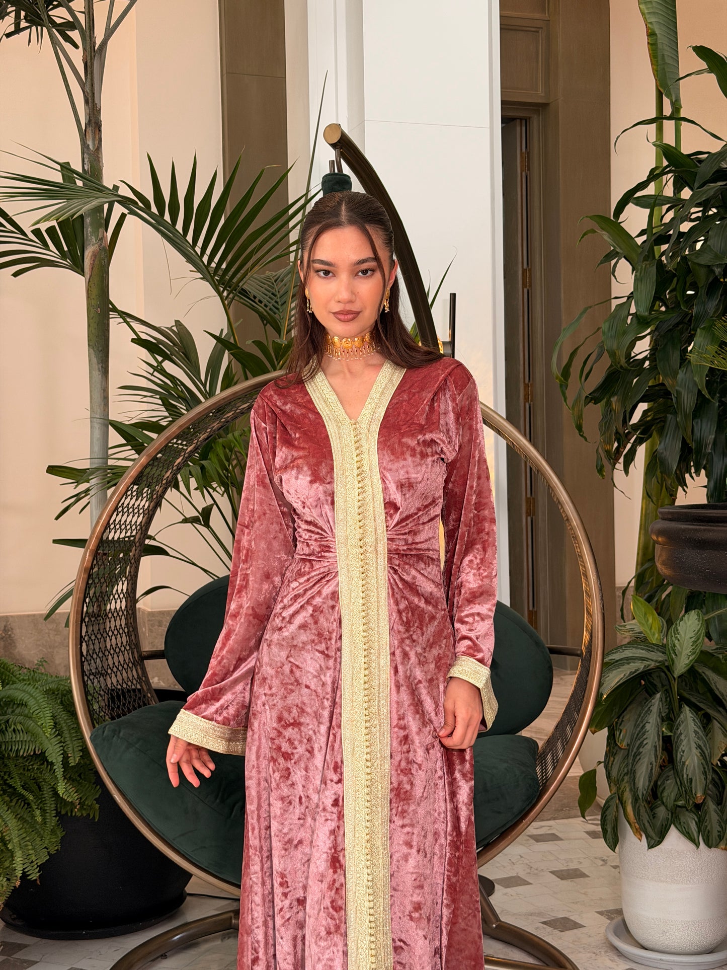 Pink Moroccan Velvet Caftan with Double Gold Sfifa