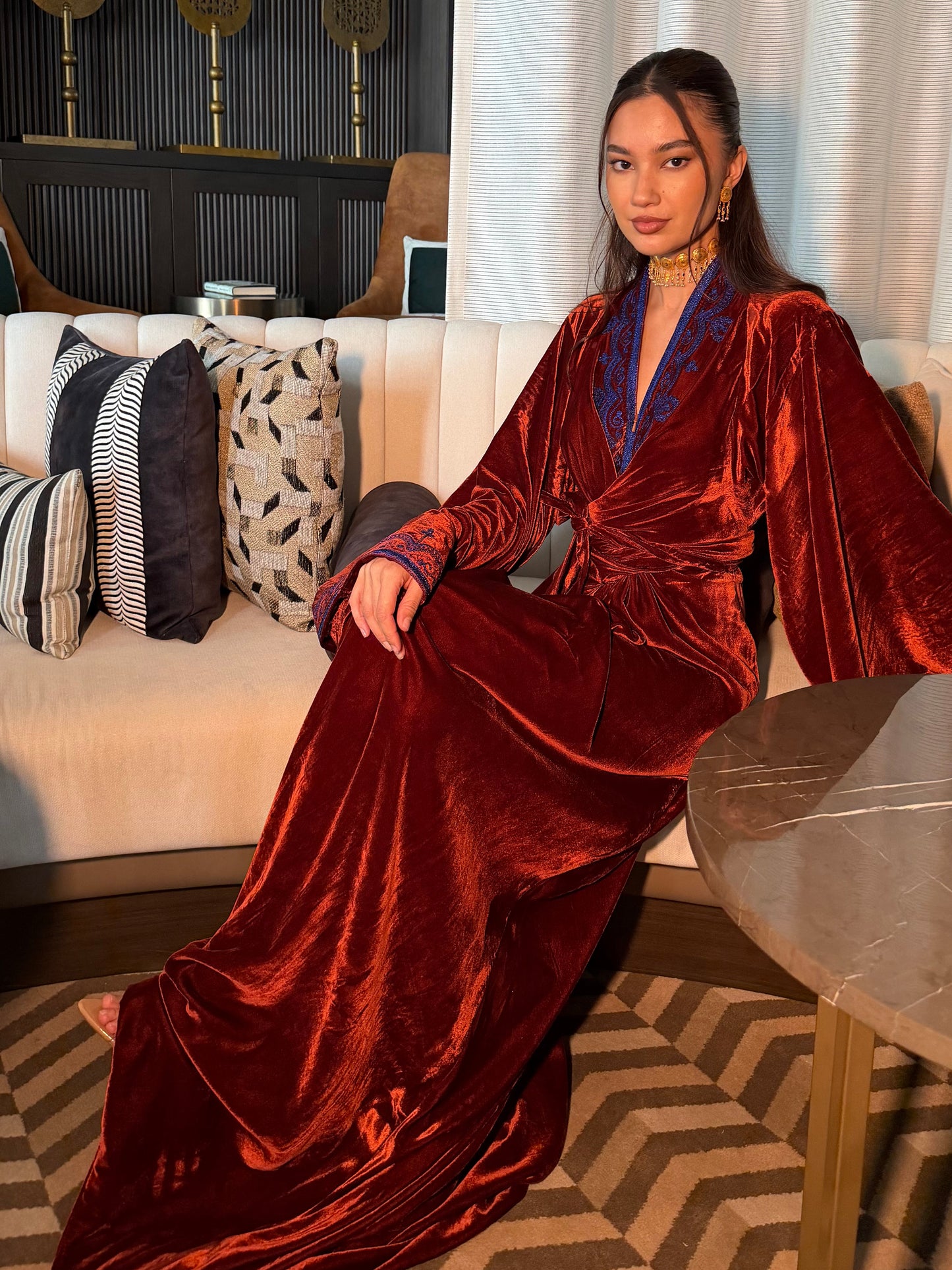 Burnt Brown Velvet Kaftan with Blue Metallic Embroidery